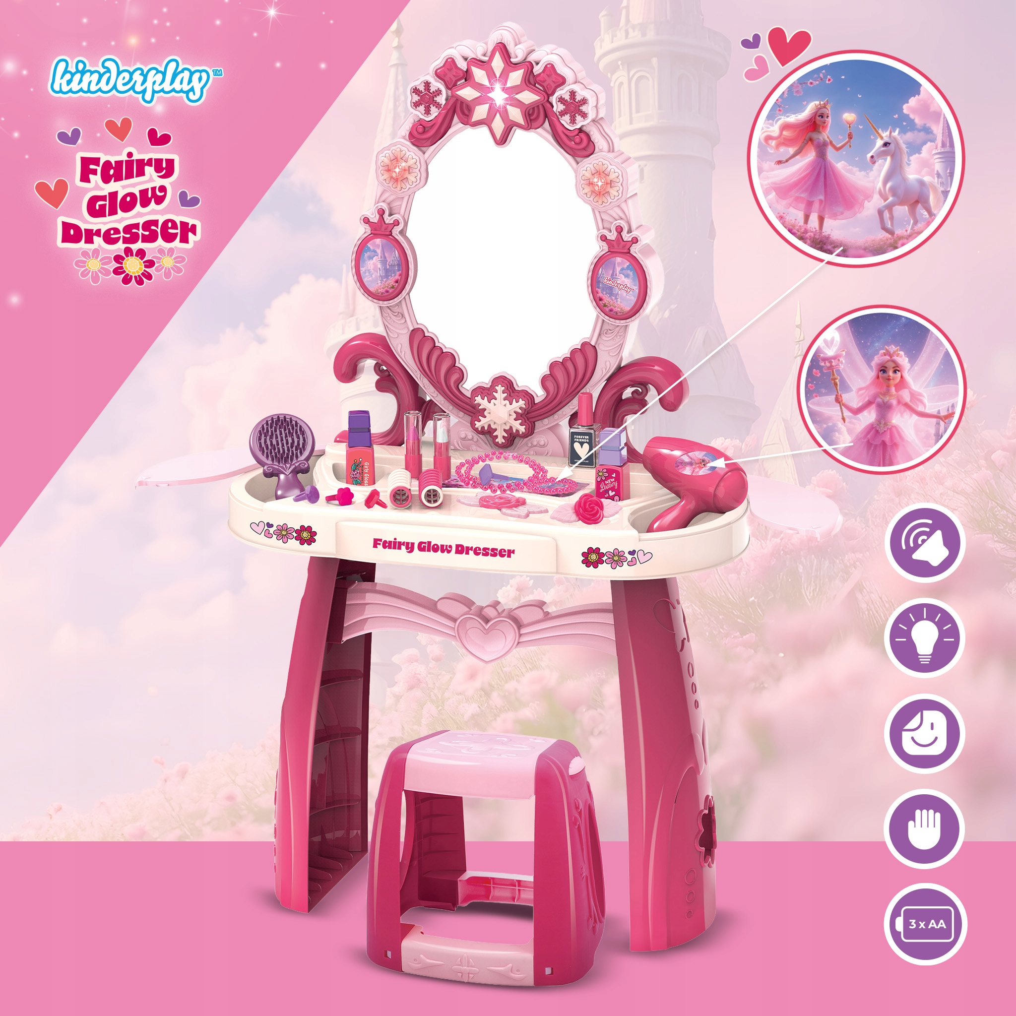 ІНТЕРАКТИВНИЙ ТУАЛЕТНИЙ СТОЛИК ДЛЯ ДІВЧИНКИ ДІТЕЙ ЗВУК СВІТЛО АКСЕСУАРИ KINDERPLAY