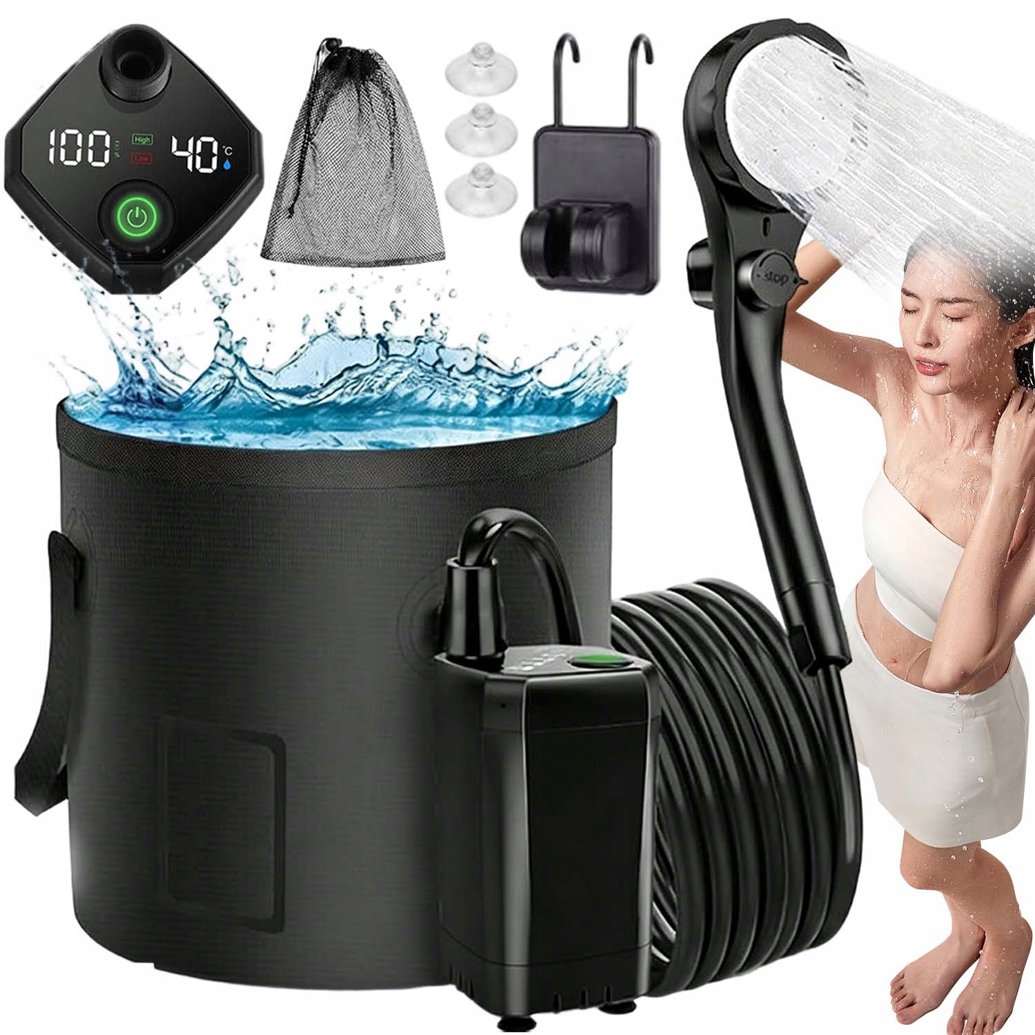 Přenosný Akumulátorový Kempingový Sprchový Kout S Displejem, 3 Režimy, Černá Barva