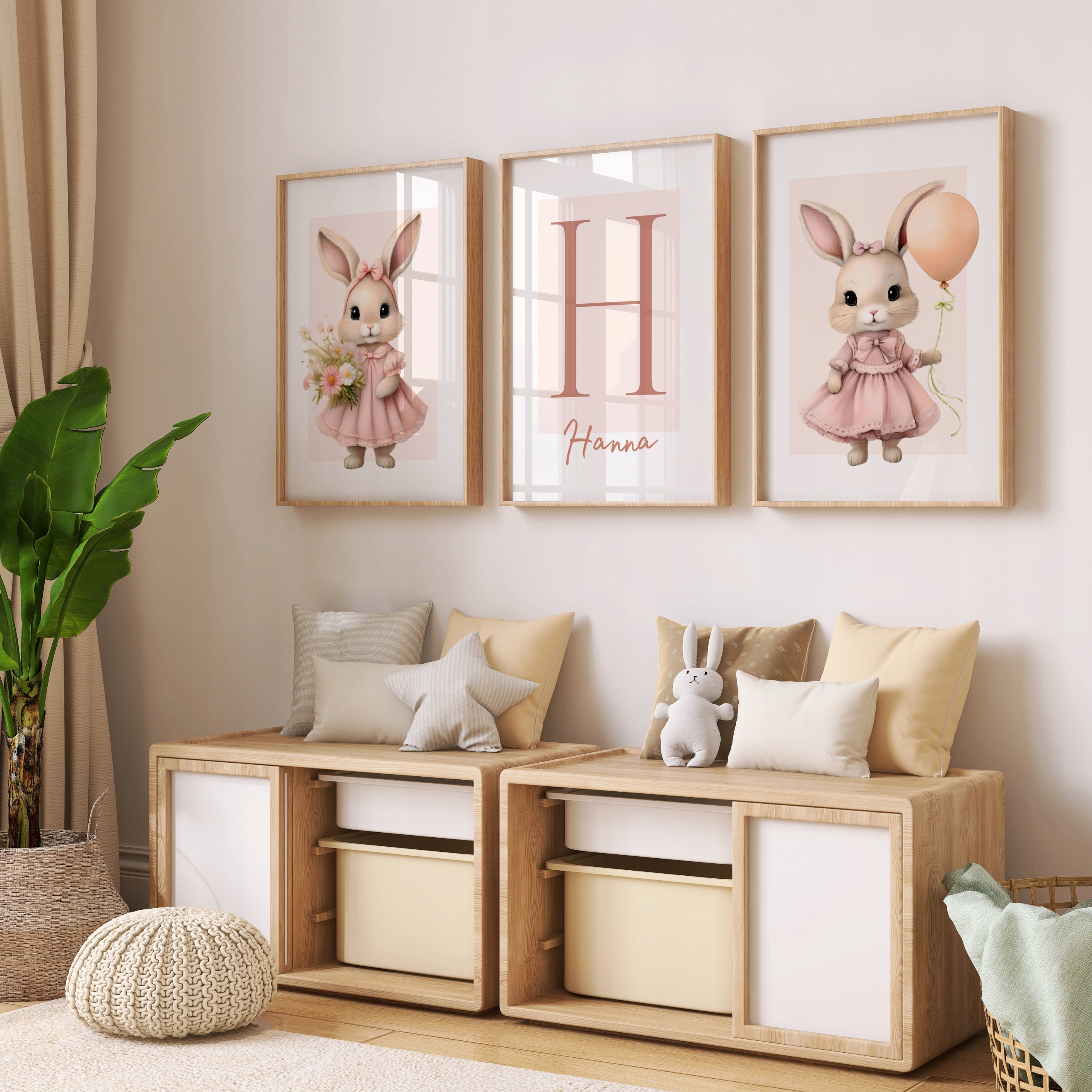 OBRAZKI DO POKOJU DZIECIĘCEGO DZIEWCZYNKI ZESTAW PLAKATY A3 KRÓLICZKI Szerokość produktu 40 cm
