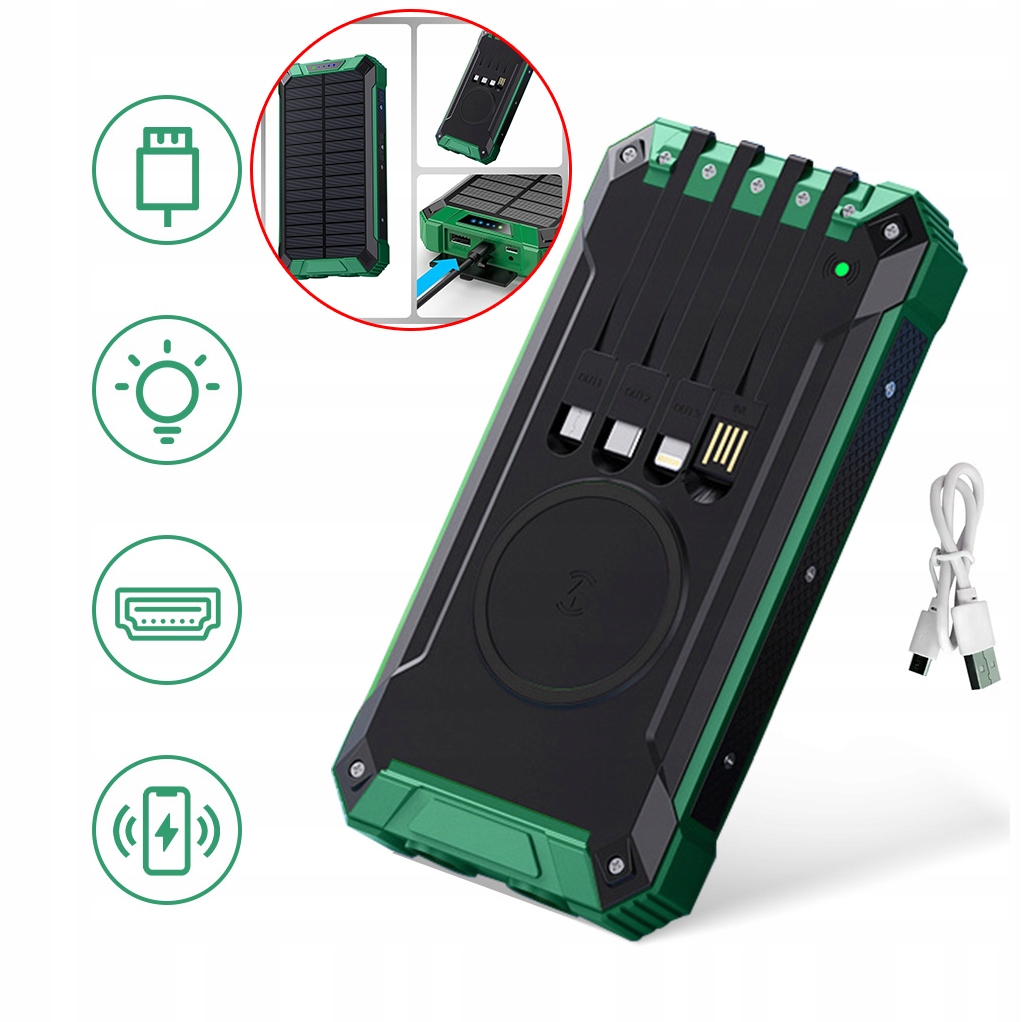 Solární Powerbanka 10000 Mah Zelená S Usb Svítilnou, Čtyři Nabíjecí Kabely