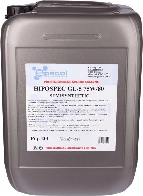 OLEJ SPECOL 75W80 20L GL5 HIPOSPEC PÓŁSY Olej SPECOL 75W80 20l GL4/GL5