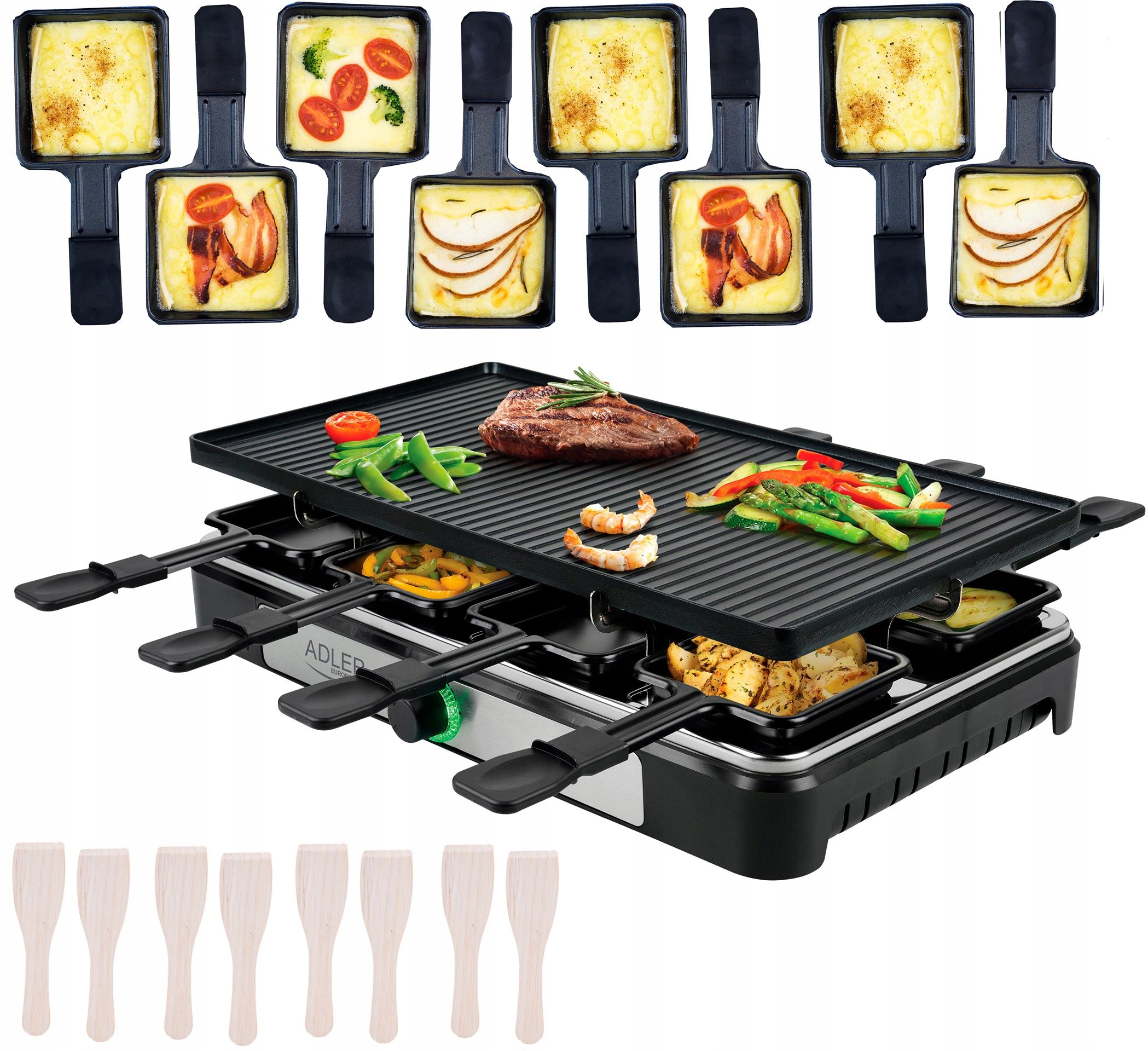 Elektrický Gril Raclette Velký XL 8 osob Výkonný 1400W Patelenky Špachtle