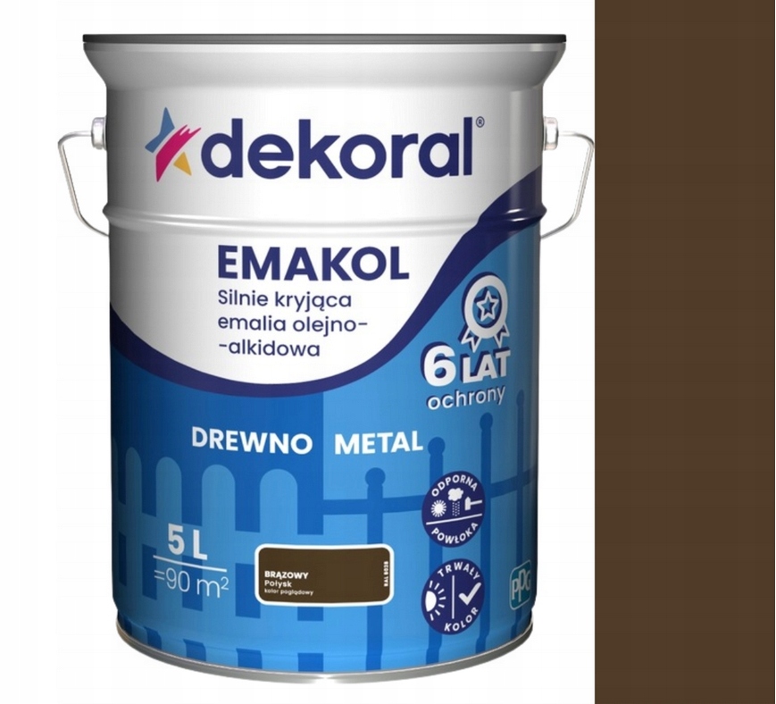 Dekoral Emakol Silnie Kryjąca Emalia Olejno-alkidowa 5L Brązowy Połysk