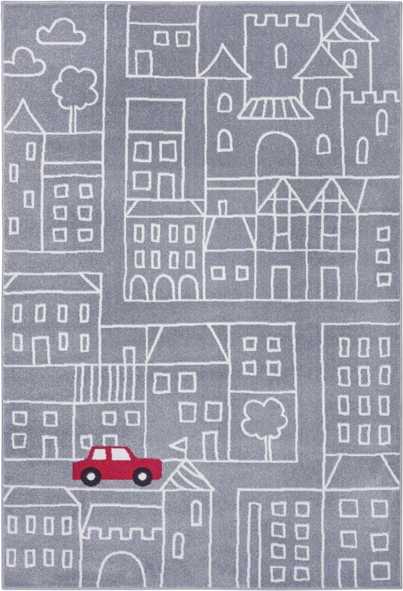Mäkký šedý detský koberec, vzor-uličky a mestečko 120x170