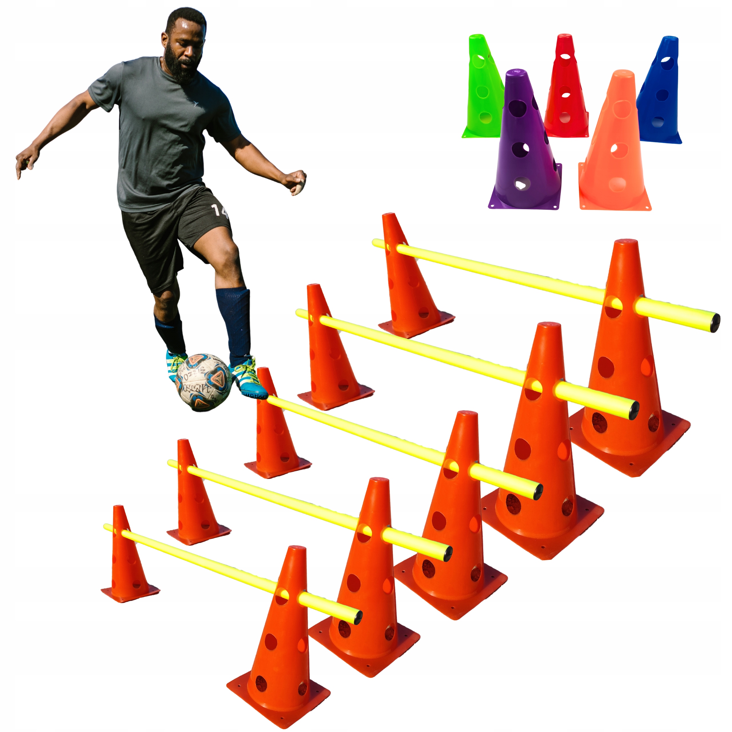 Zestaw treningowy piłkarski pachołki 23 cm tyczki 1 m agility płotki