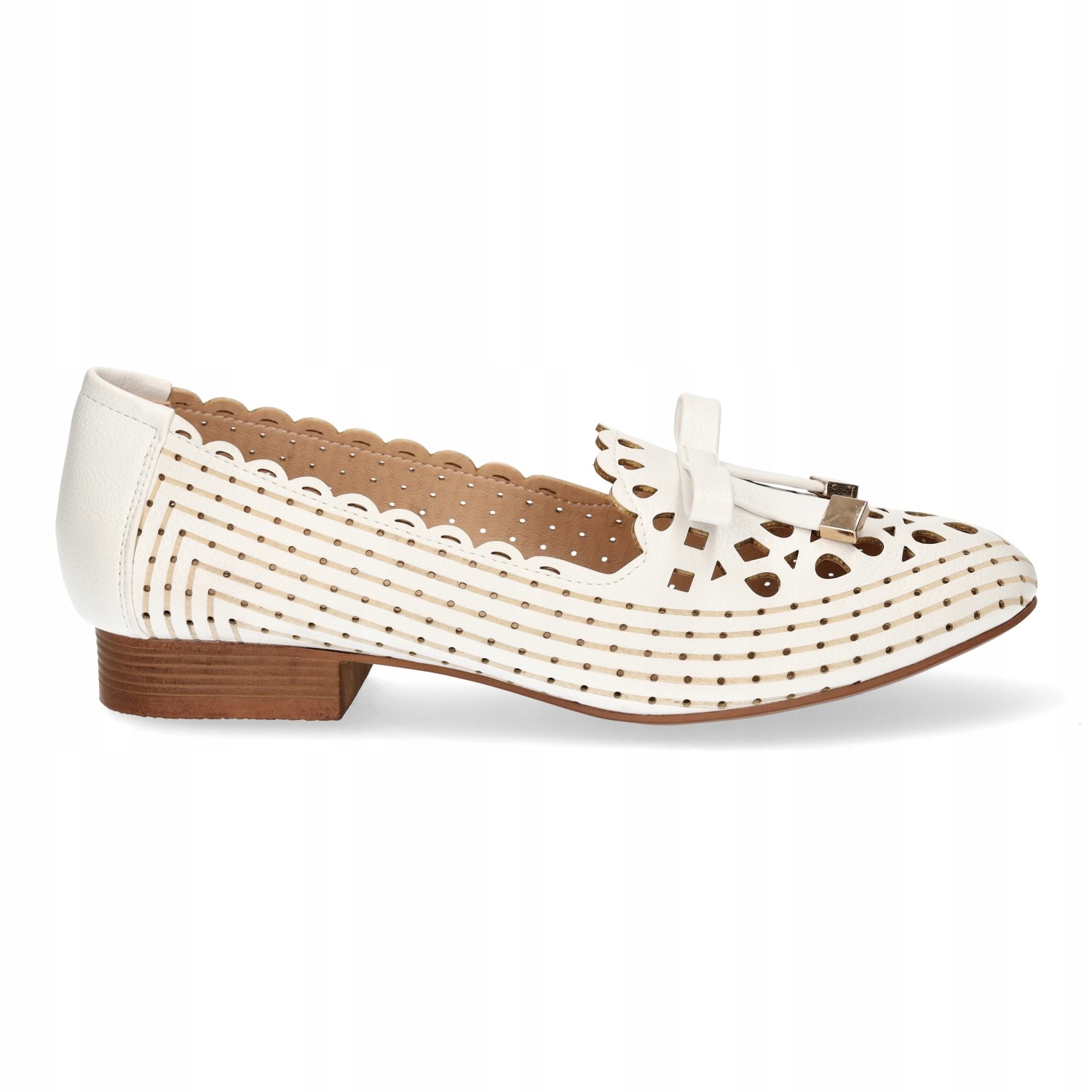 BALERINY DAMSKIE AŻUROWE Z KOKARDKĄ KOMFORTOWE NA PŁASKIM OBCASIE BIAŁE 38 Wzór dominujący bez wzoru