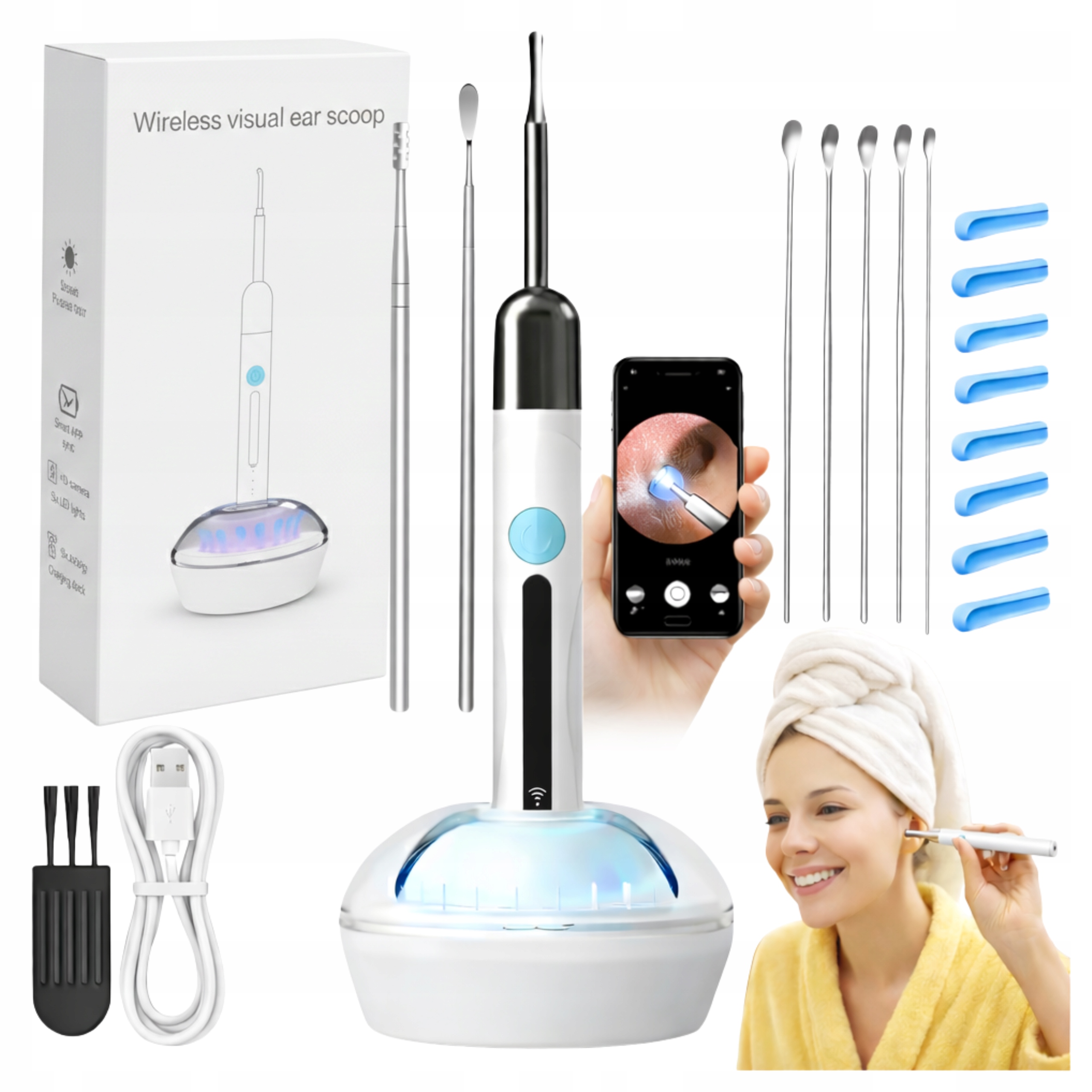 Endoskop Otoskop Kamera Hd Smart WiFi do Uszu Czyszczenie Woskowiny Korków