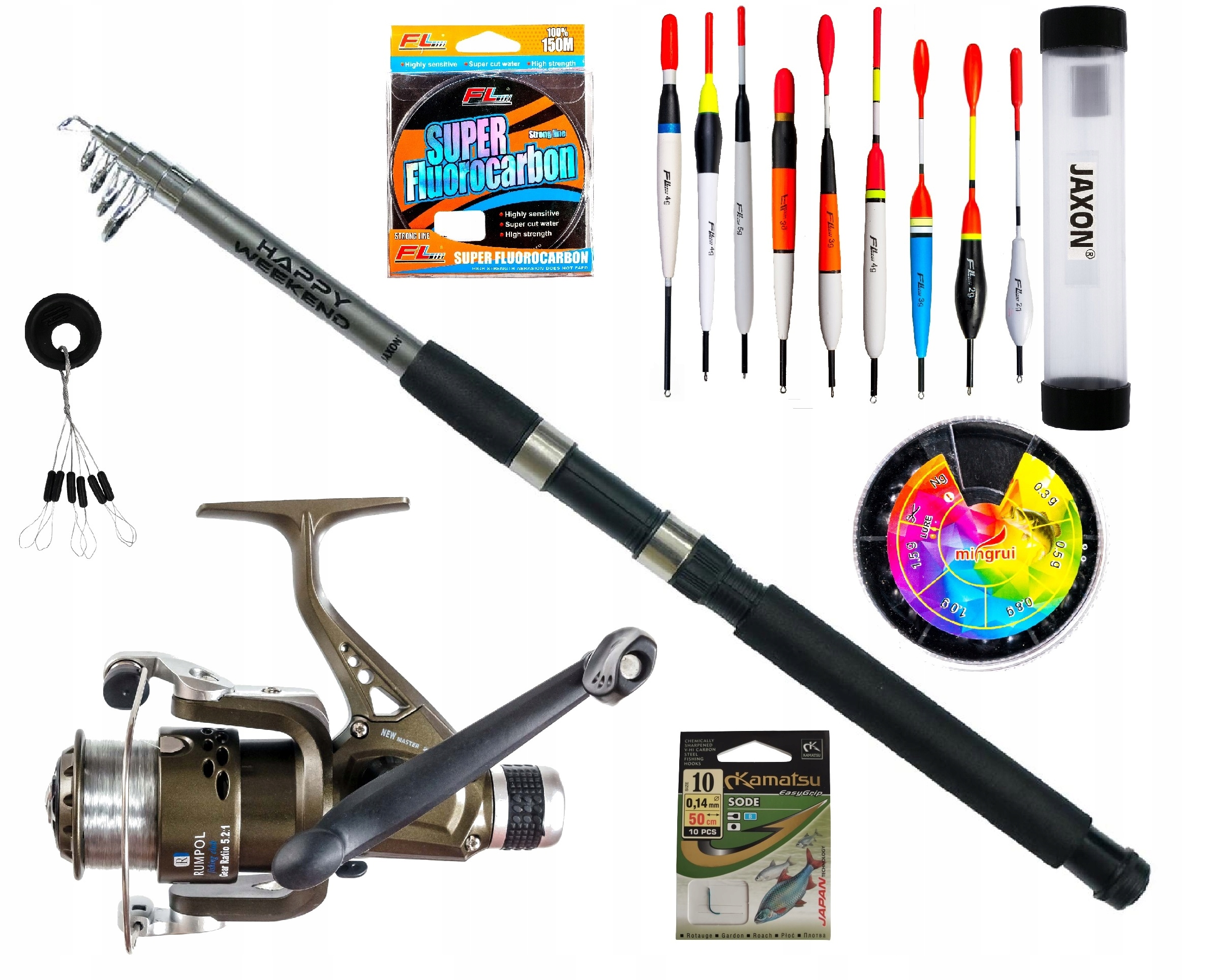Zestaw wędkarski Spławikowy Wędka Jaxon Kołowrotek Ciężarki Haczyki Kamatsu