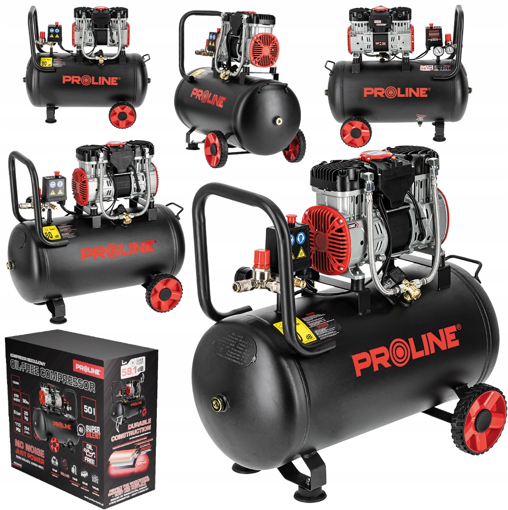 Bezolejový kompresorový kompresor 50L, 1500W/2KM 8BAR 254L/MIN Proline P200005
