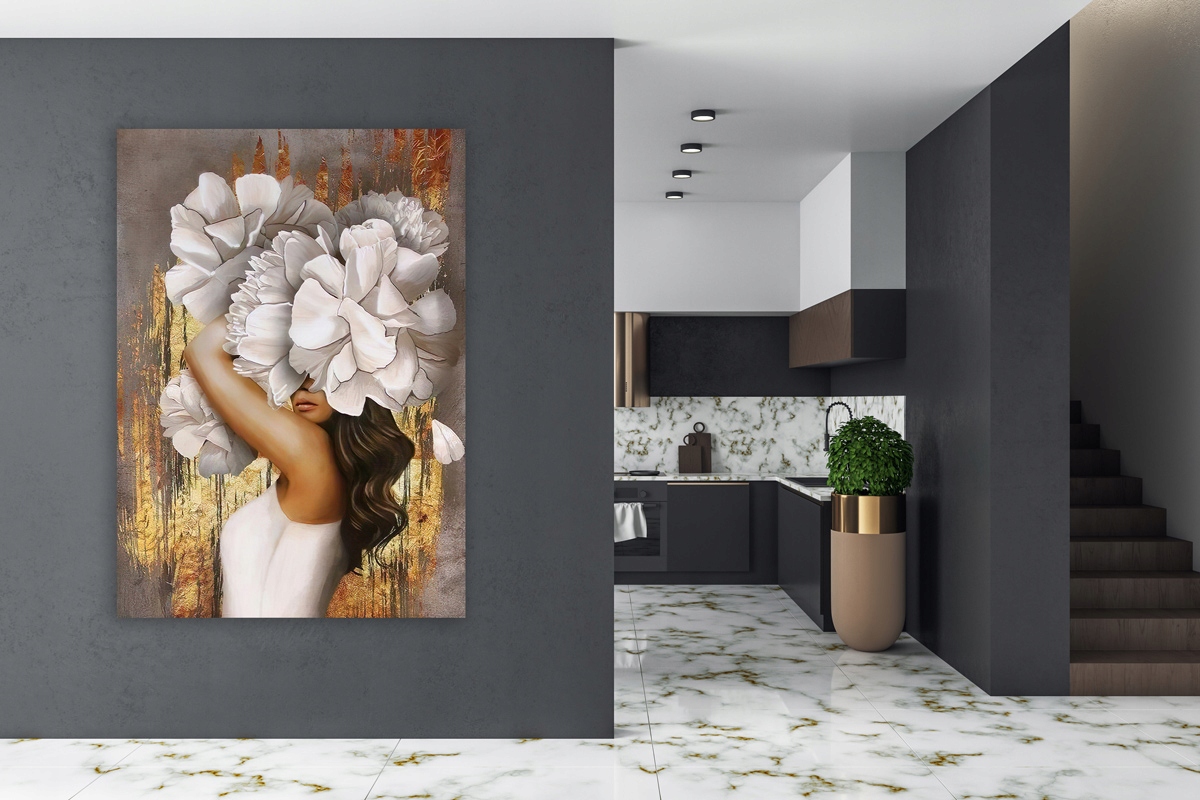 1x OBRAZ NA PŁÓTNIE CANVAS KOBIETA Z KWIATAMI NA GŁOWIE ZŁOTO GLAMOUR 50x70 Marka inna
