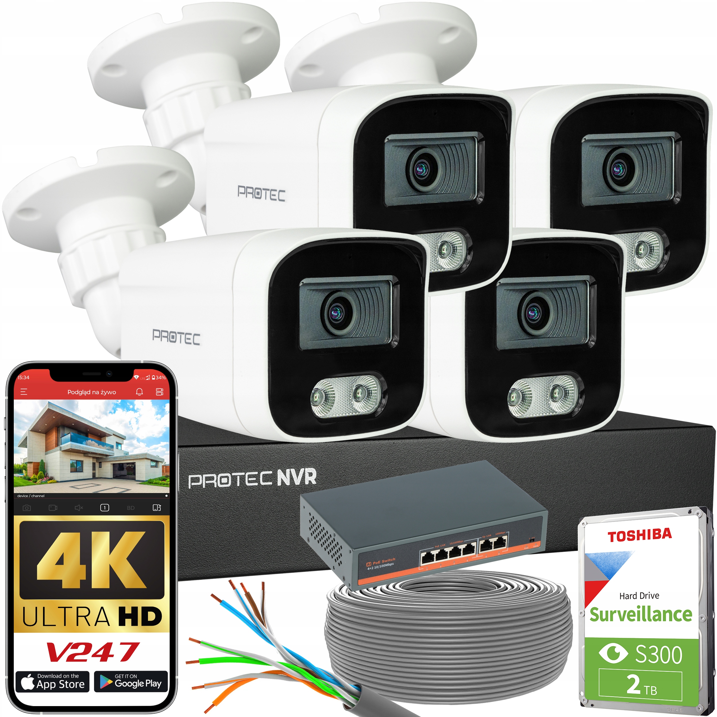 Zestaw Do Monitoringu 4 Kamery Ip 8Mpx Switch PoE Detekcja Ludzi Hdd 2TB