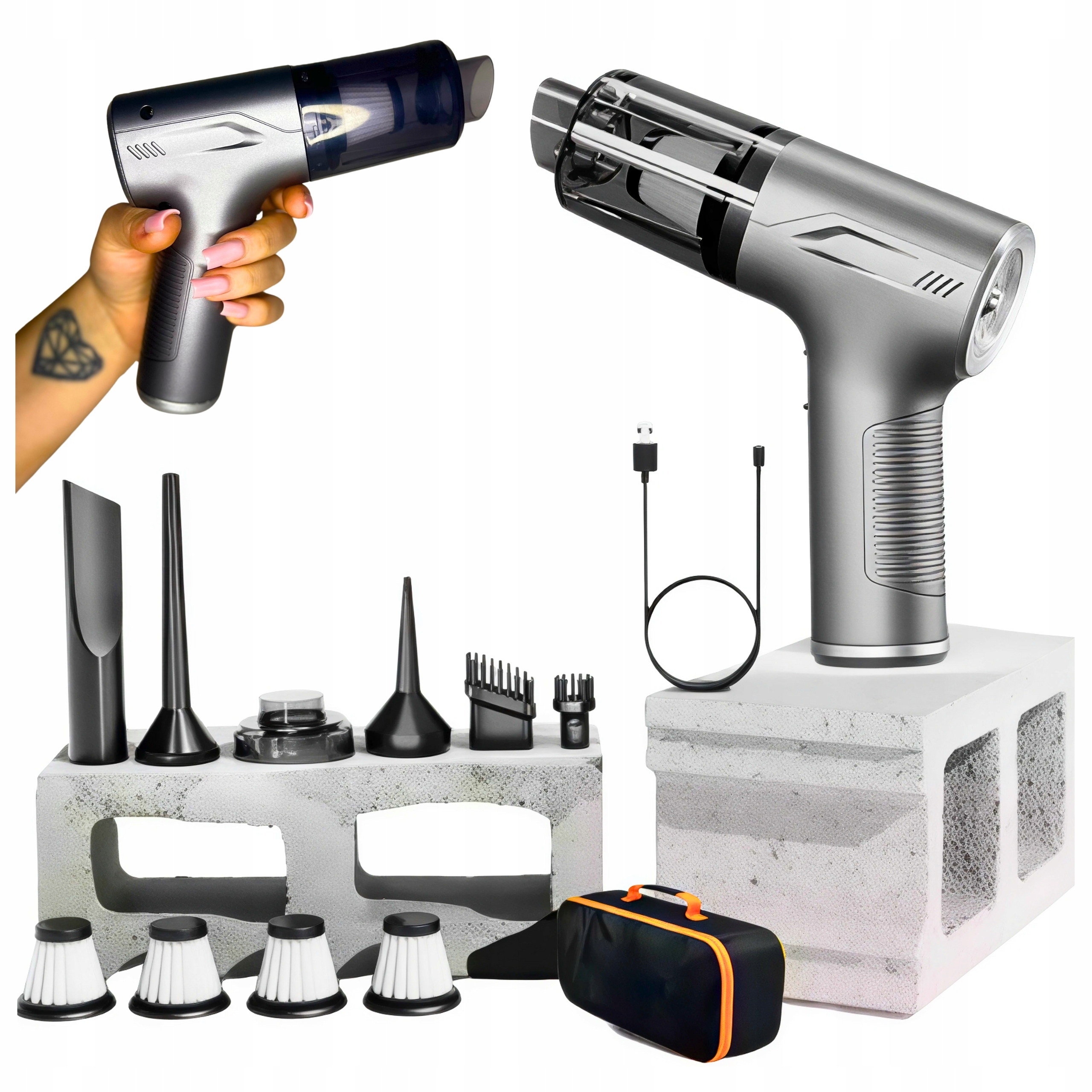 Odkurzacz Ręczny Samochodowy 2BIEGI Pompka Dmuchawa Cenrr 9800PA Hepa Usb-c