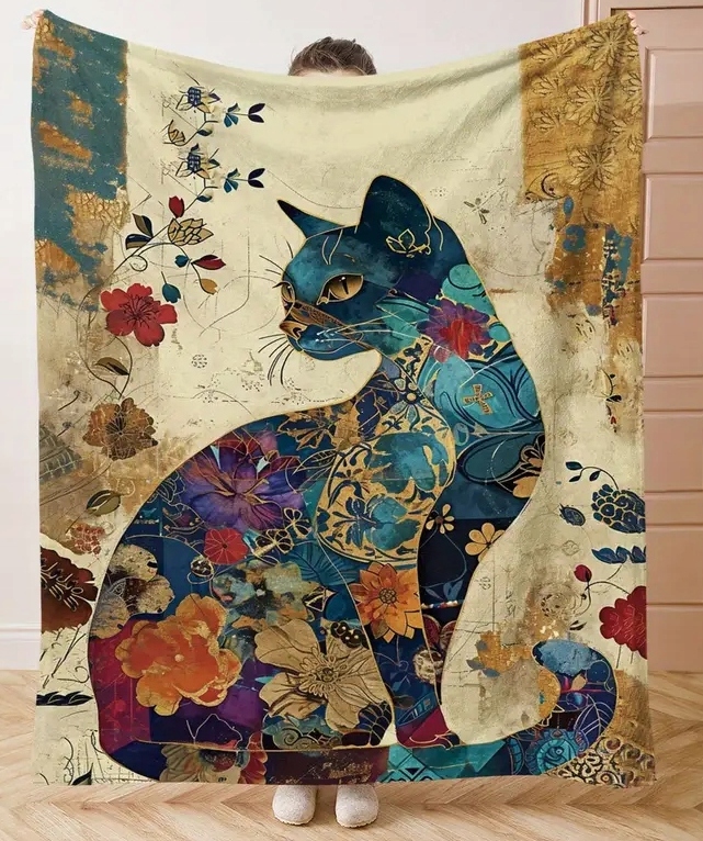 Duży koc kolorowy kot kwiaty Art Boho 150x200 cm miękki dla kociary
