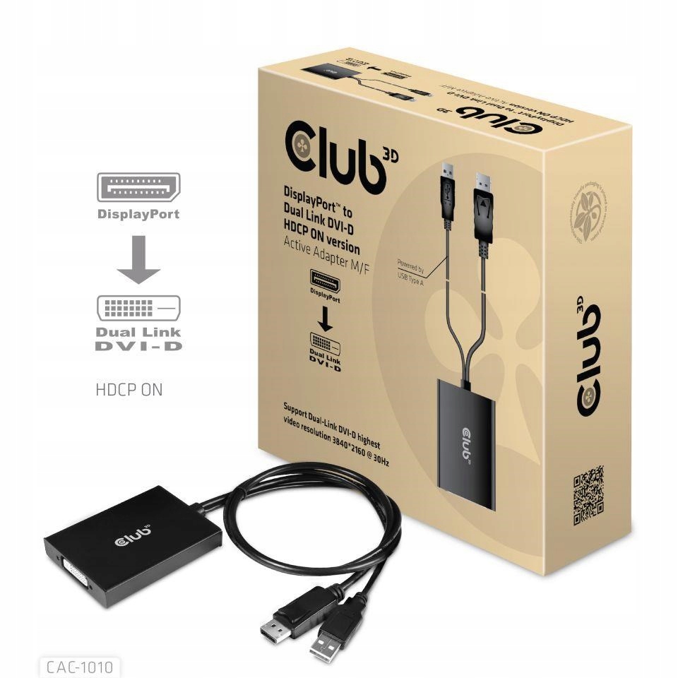 Club3D Aktívny adaptér DisplayPort na Dual Link DVI-D, napájanie Usb, …