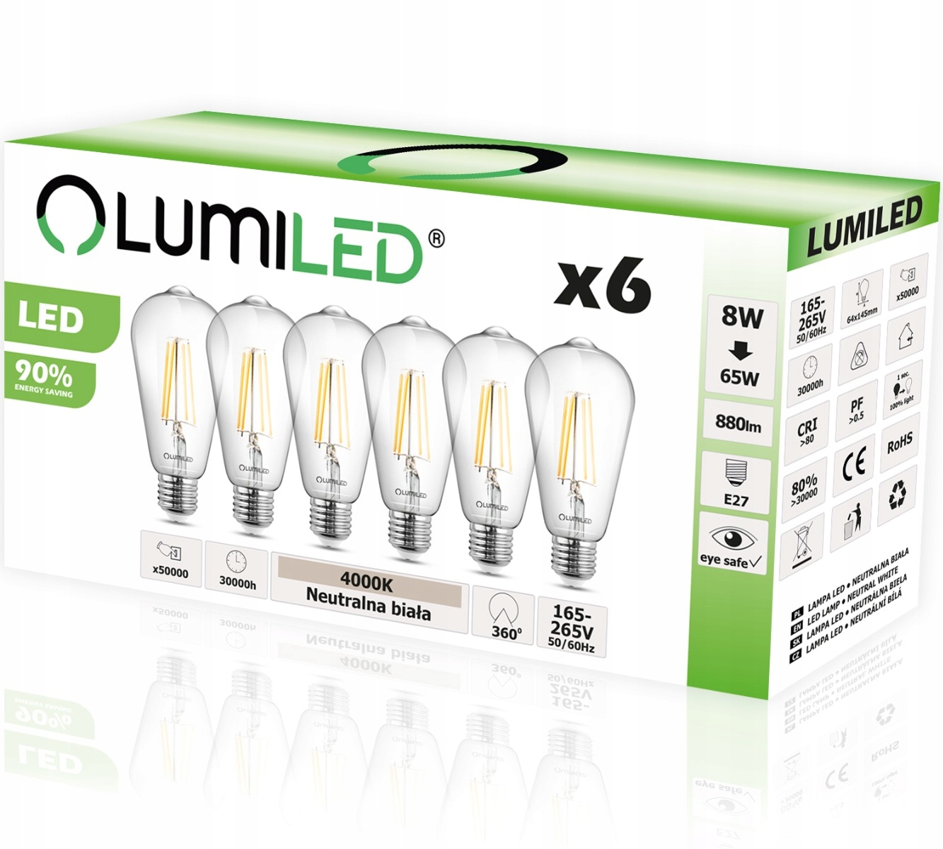 

6x Żarówka Led E27 8W 65W 3000K Filament Edison