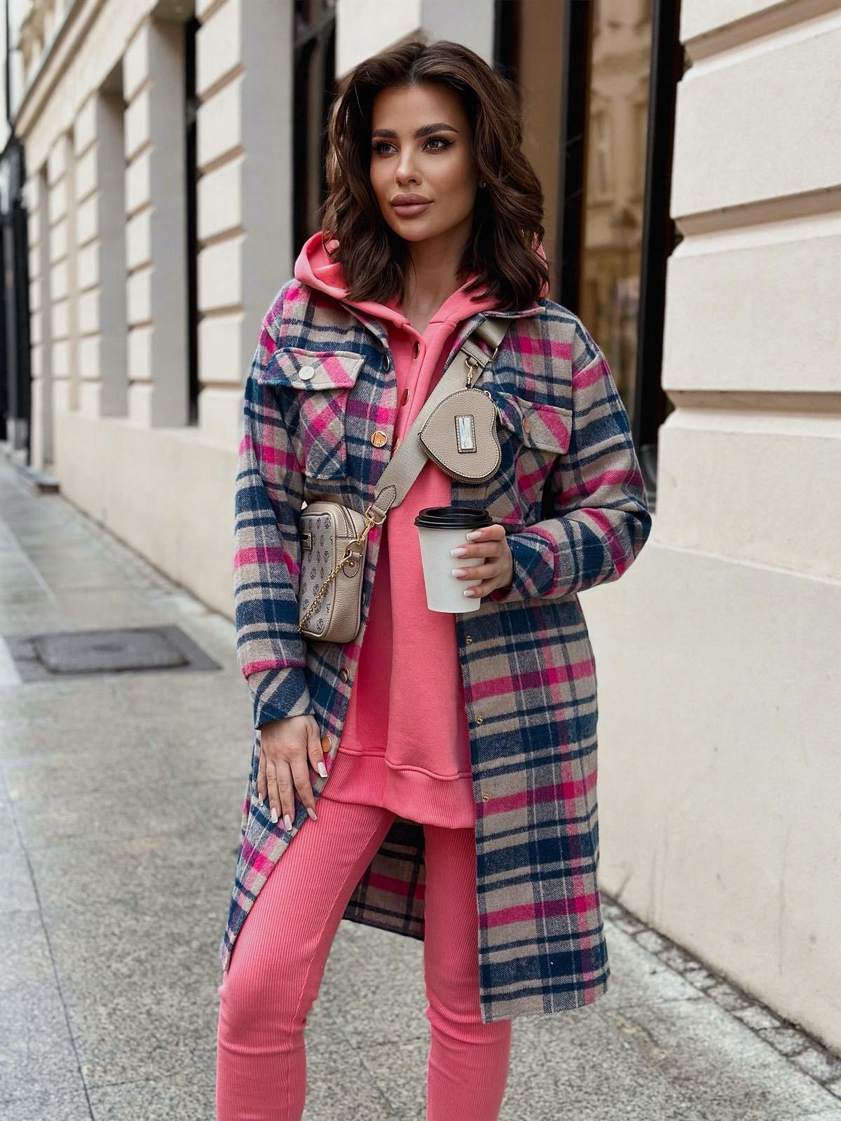 ELEGANCKI DŁUGI WIOSENNY PŁASZCZ KRATA LA BALANCIA S/M Rozmiar S/M