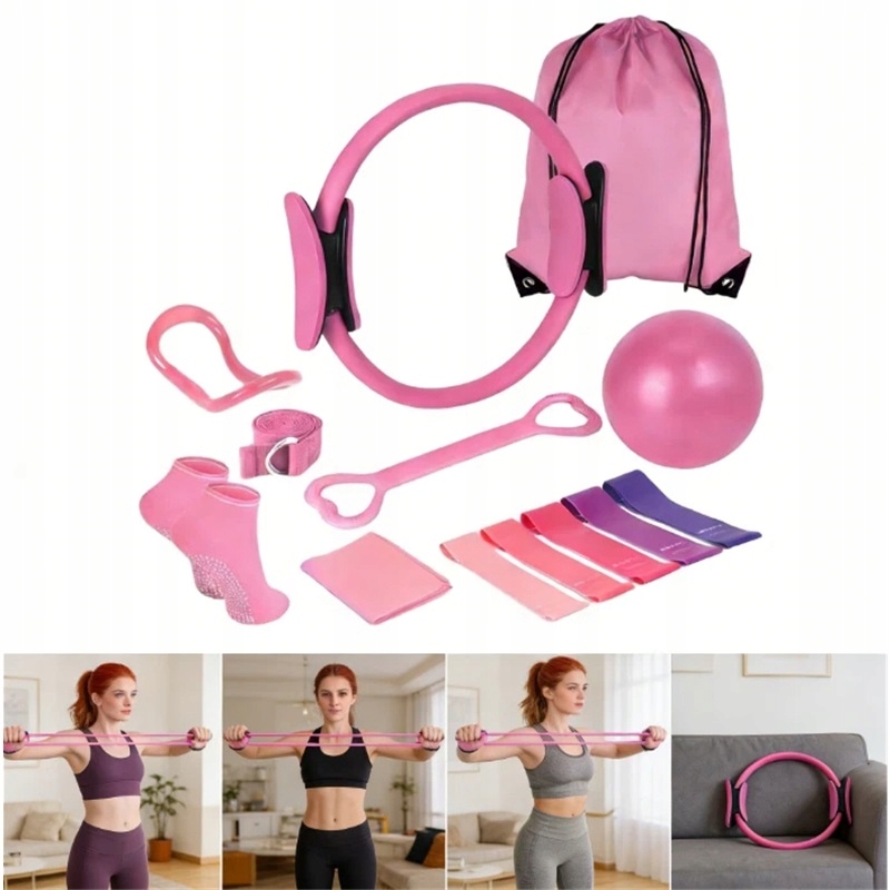 14 Ks Pilatesové kroužky s natahovacím páskem – růžové, pro ruce a nohy