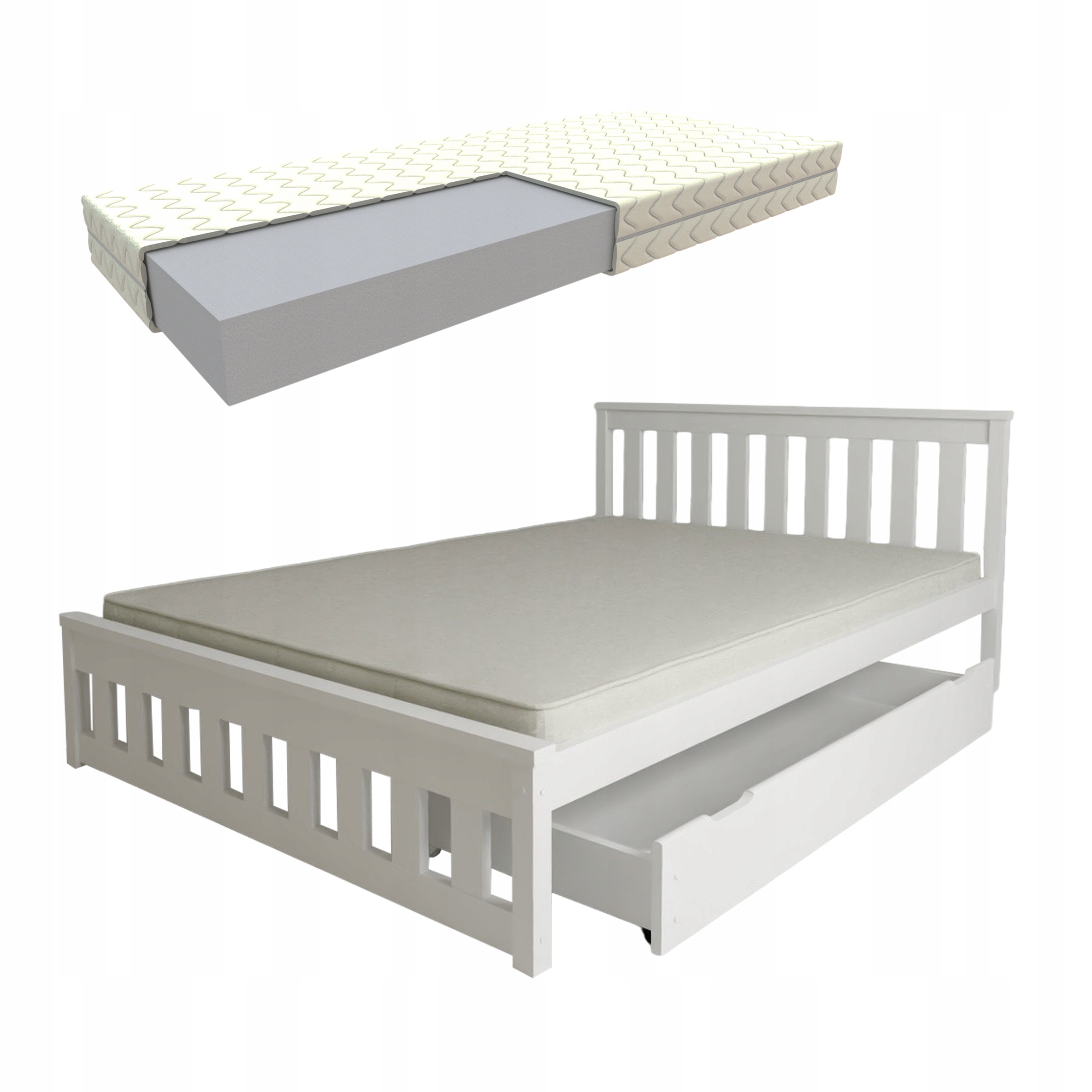 Dřevěná Postel Ada 140x200 Bílá Šuplík Matrace Pěnový Rošt Bonus