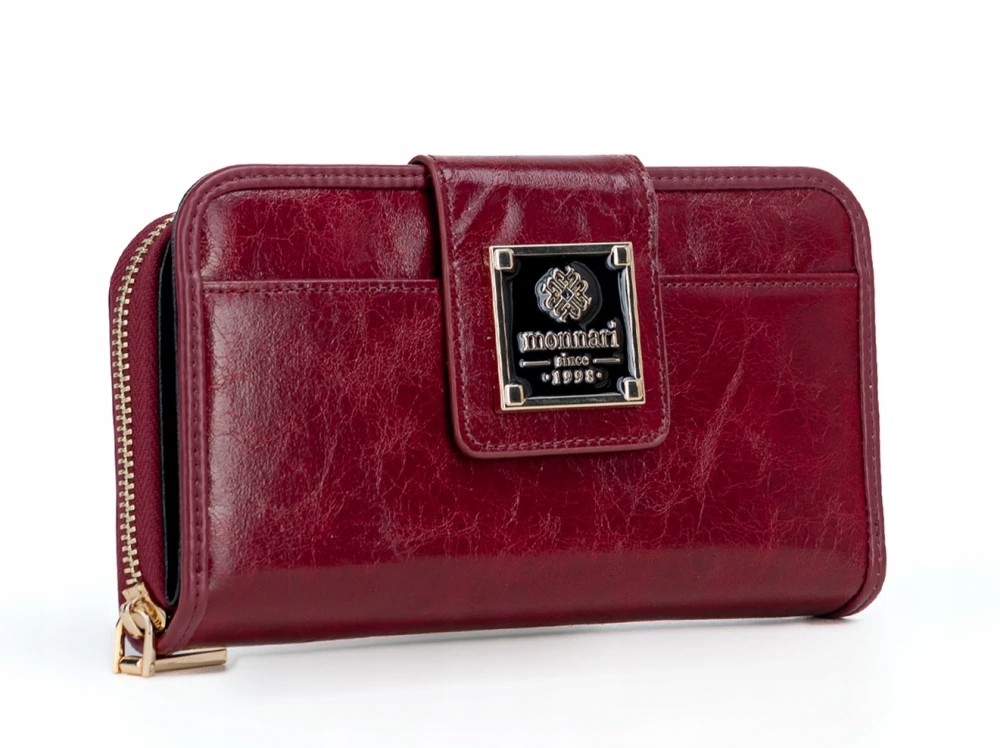 Monnari Efektowny pojemny portfel damski |Piórnik Ciemna czerwień Logo