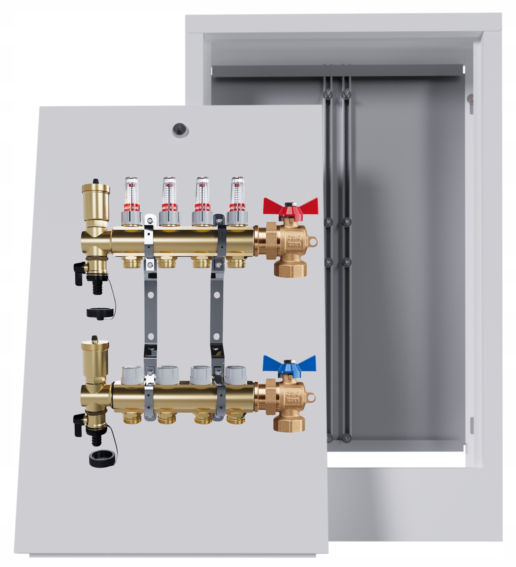 Mosazný rozdělovač podlahy 4 okruhy nástěnná skříňka Kulový Kohout