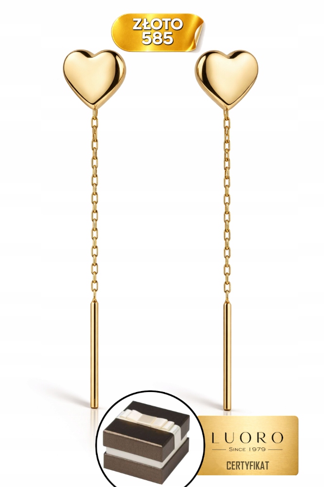 Náušnice Zlaté 585 14K Srdce Provlékací Otevřená Zadní Část 4,7 CM Elegantní