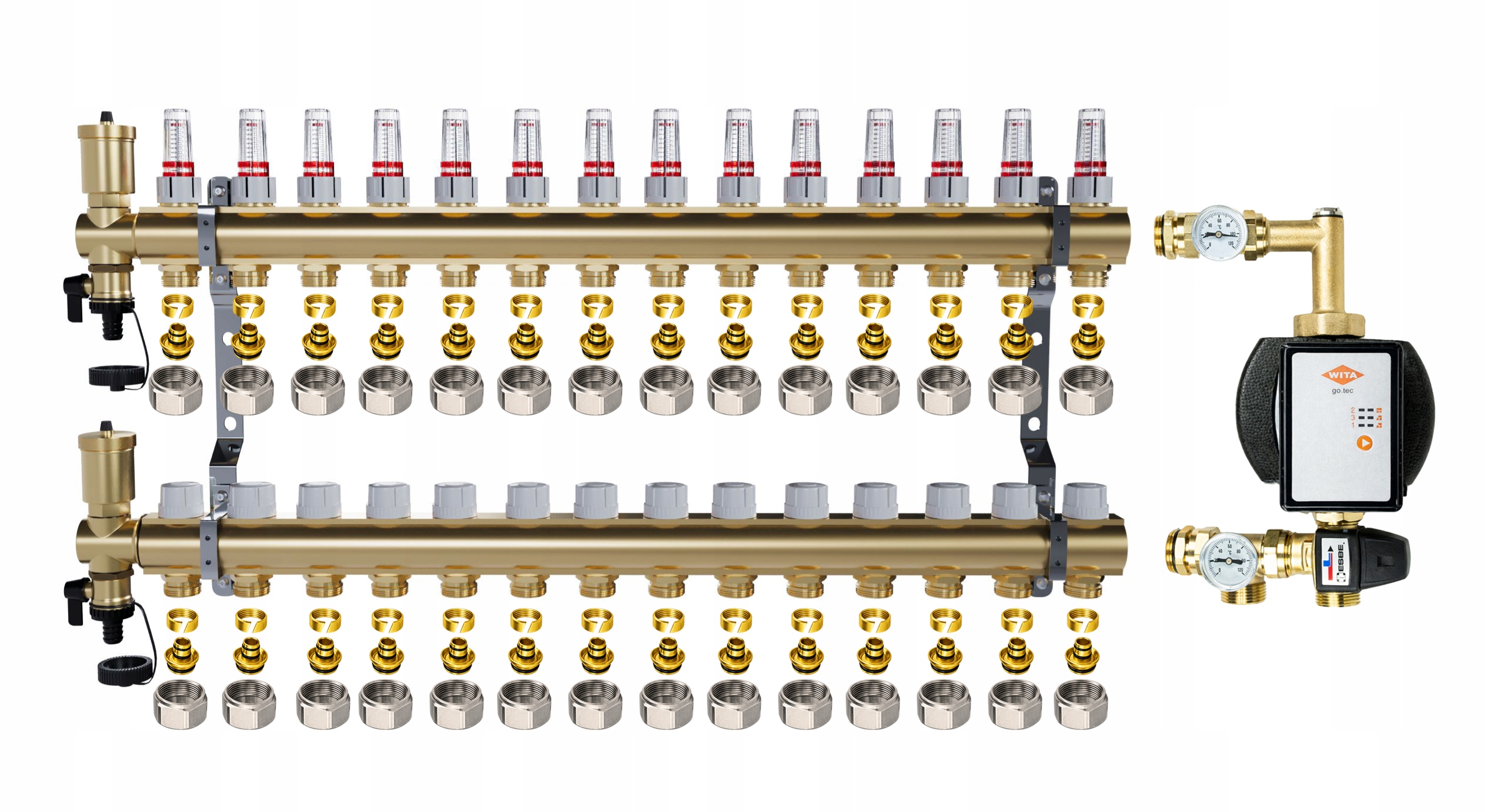 Rozdělovač pro podlahové topení 14 sekcí Spojky Pex Čerpadlo Wita