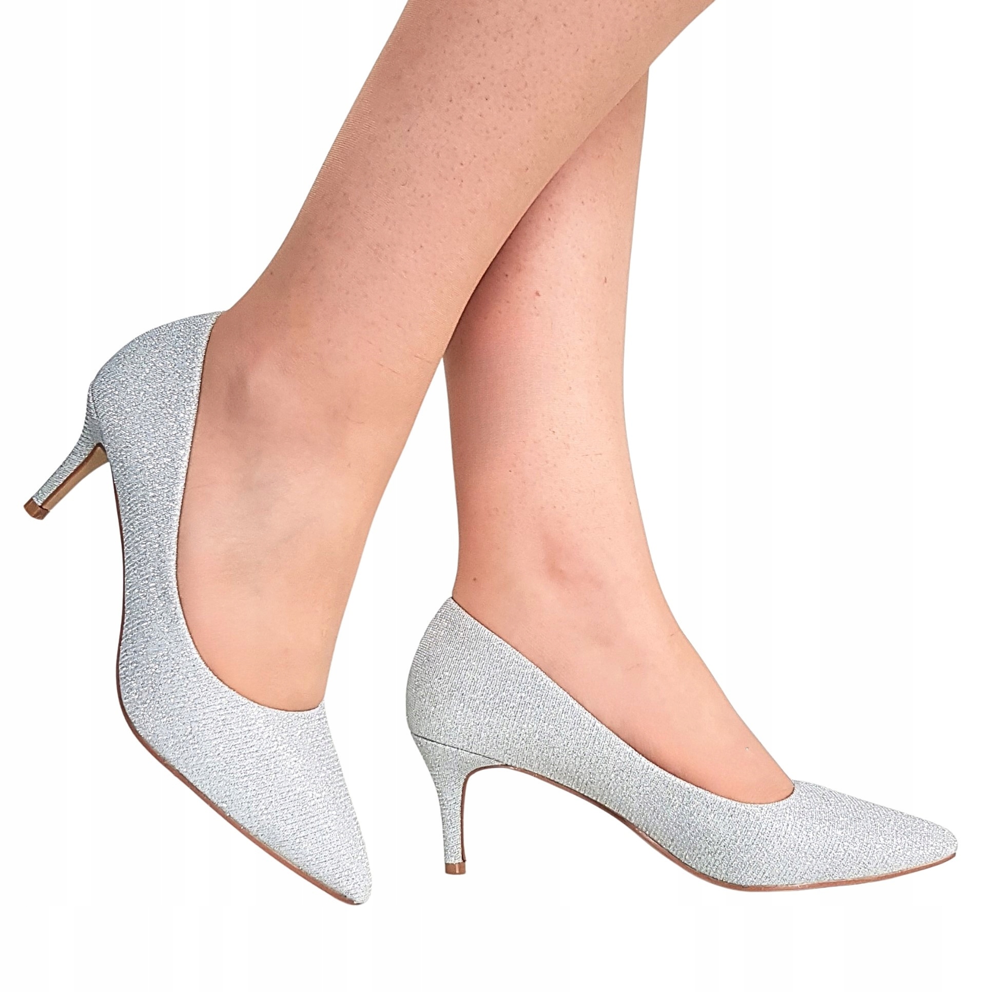 Srebrne Buty Brokatowe Czółenka Niskie Szpilki 6 Cm 39