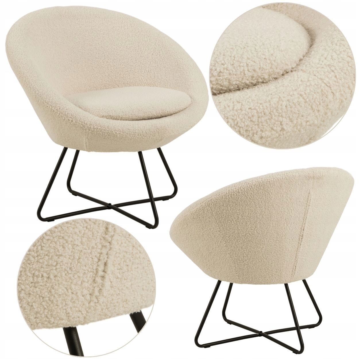 Čalouněné Odpočinkové Křeslo krémové boucle kulatý, moderní retro
