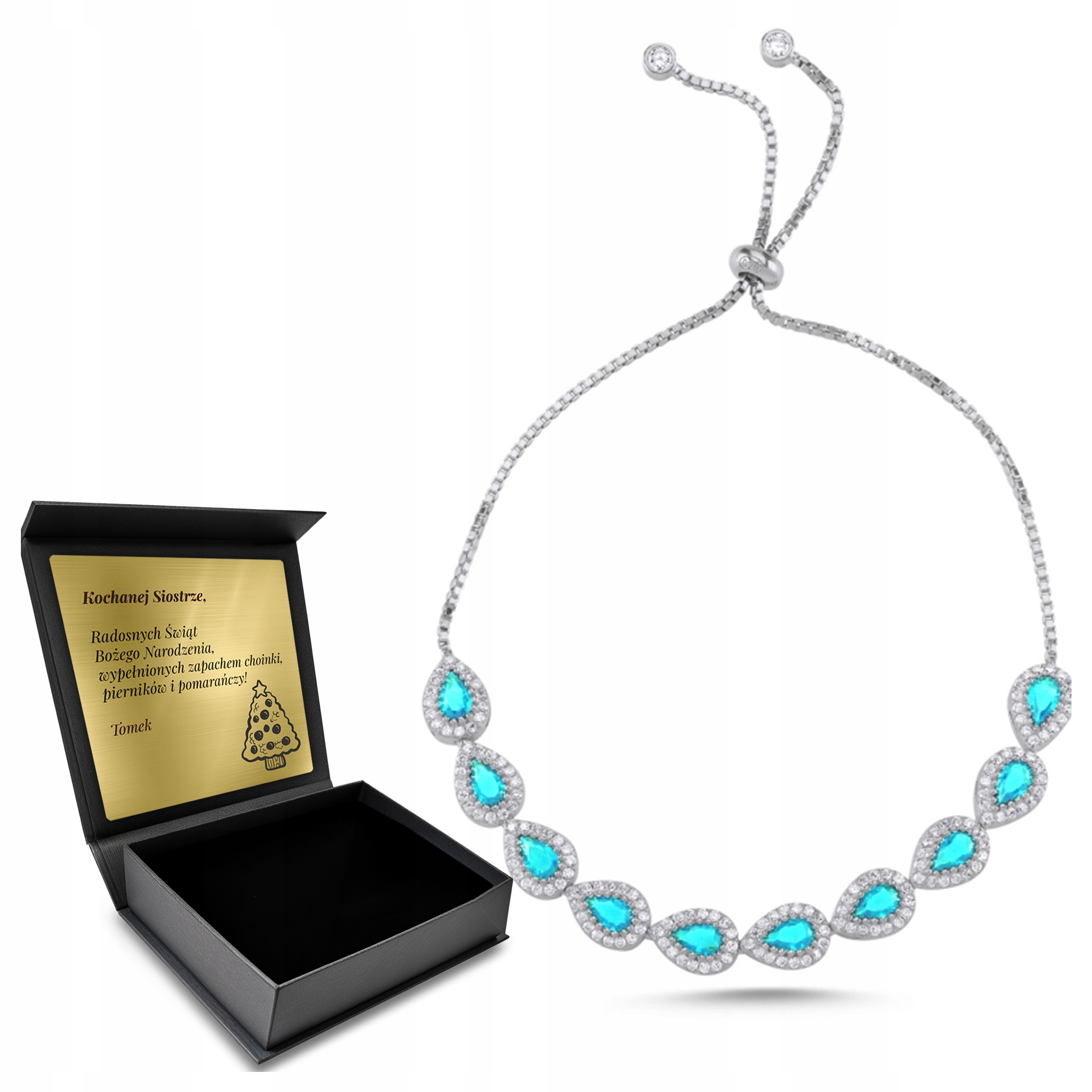 Stříbrný turecký náramek ve tvaru slzy s kamenem tyrkys, Elegantní Krabička Gravírování