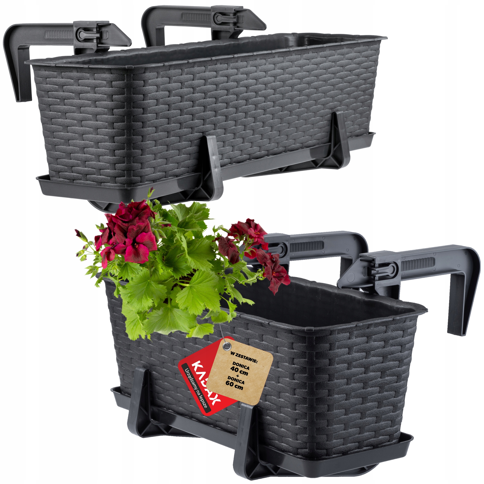 SKRZYNKA DONICZKA BALKONOWA UCHWYTY ZESTAW 40+60cm