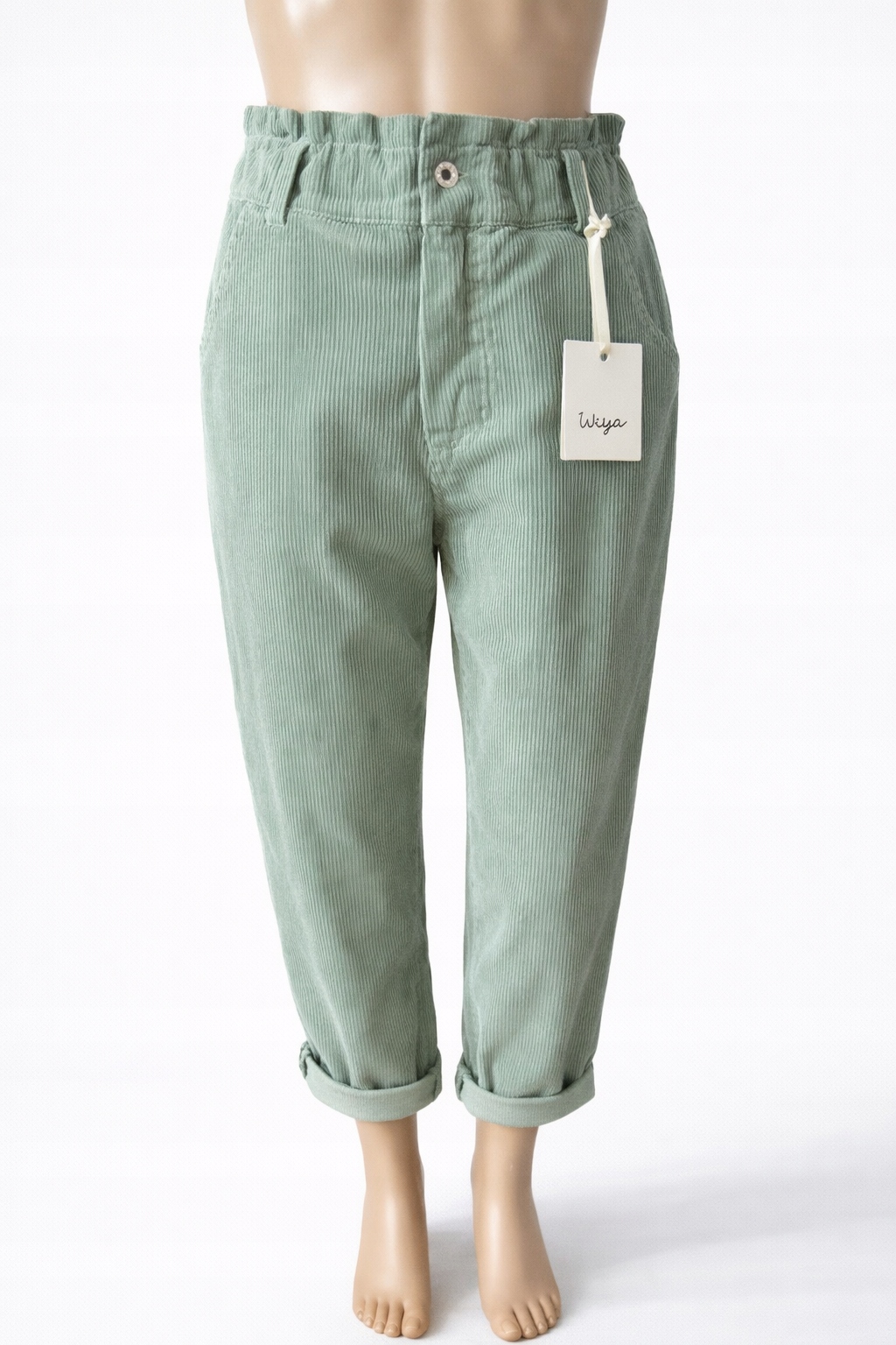 Spodnie sztruksowe damskie włoskie Wiya chinos gumka w pasie M Szałwia