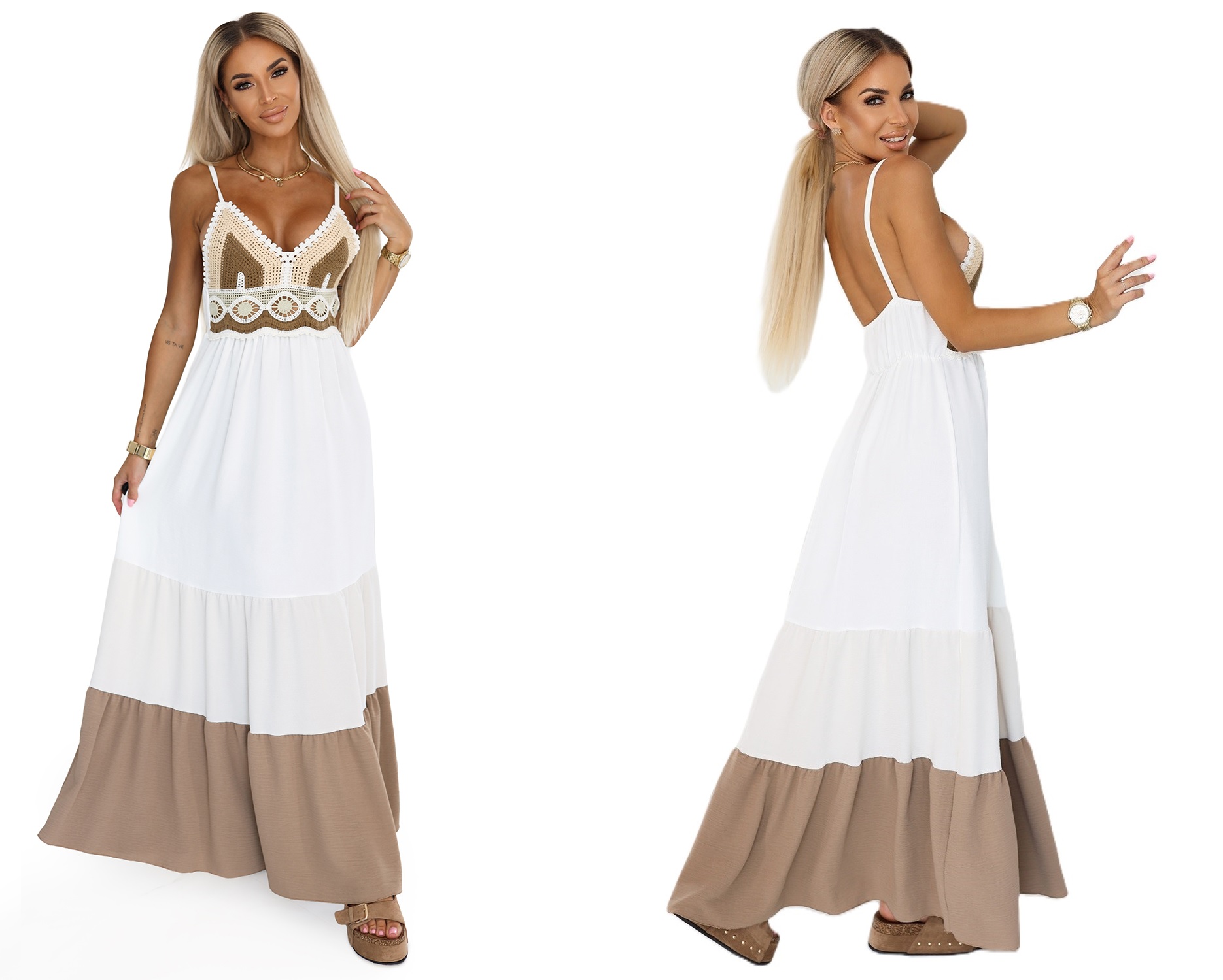 Letní Šaty S Prolamovaným Topem Jsou Ideální Na Pláž, Procházka Bílo-béžová