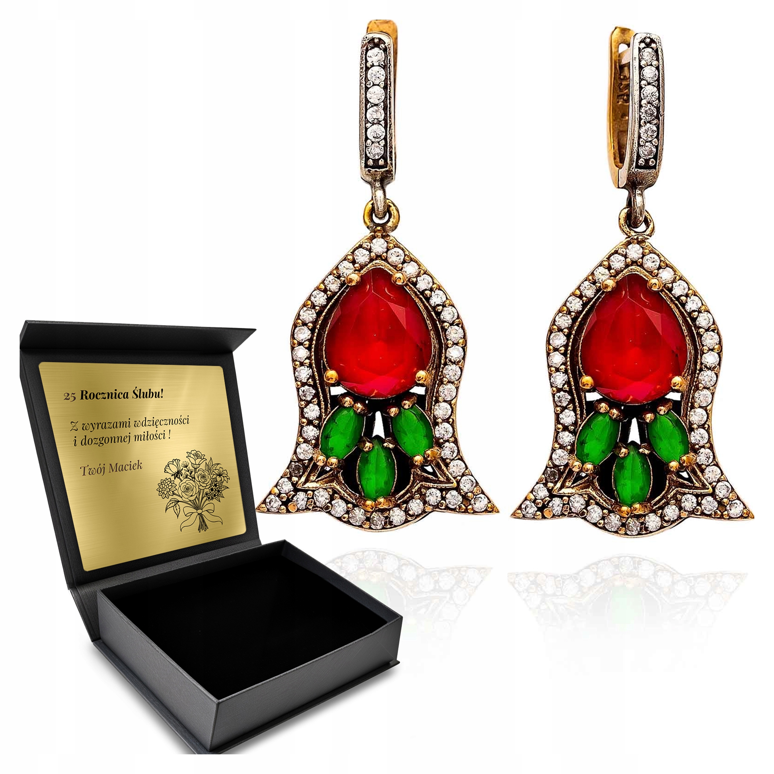 Stříbrné Náušnice 925 Zirkony Smaragd Granátovým Kamnem Gravírování Bonus