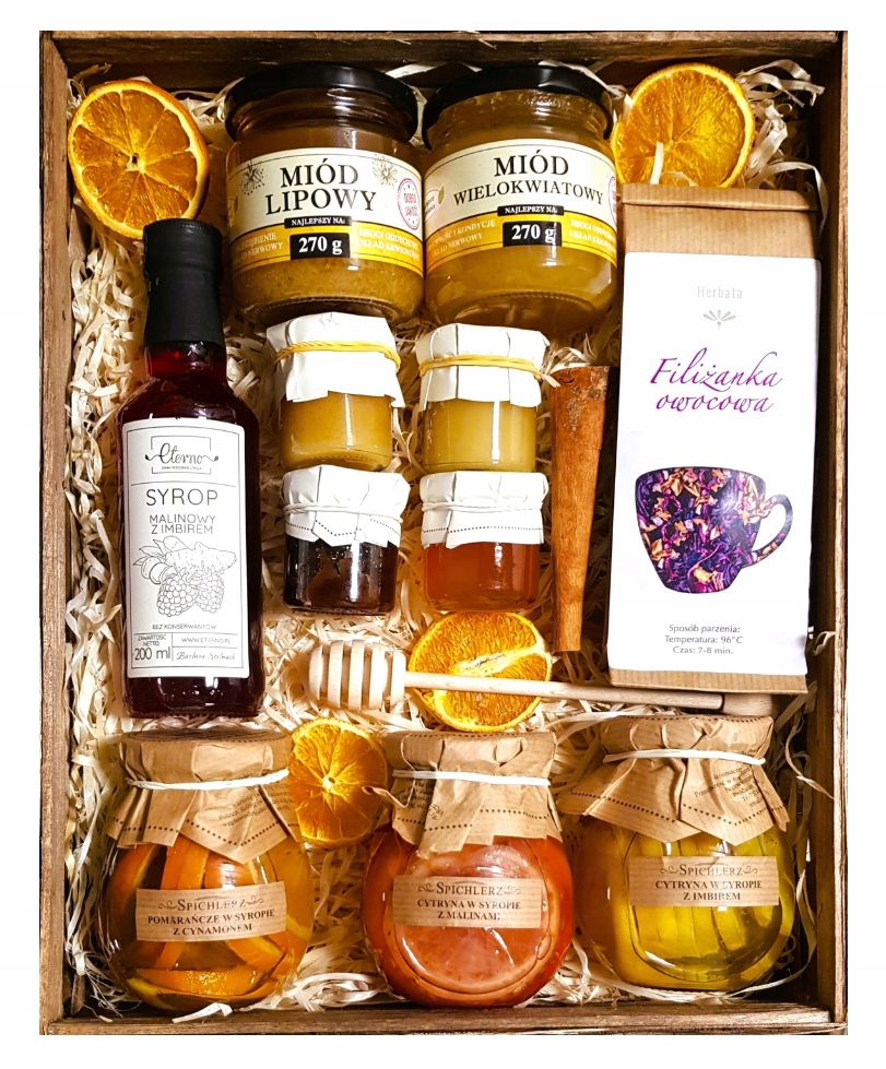 Duży Kosz Zestaw Prezentowy Miód Herbata Konfitury Pomarańcza Syrop
