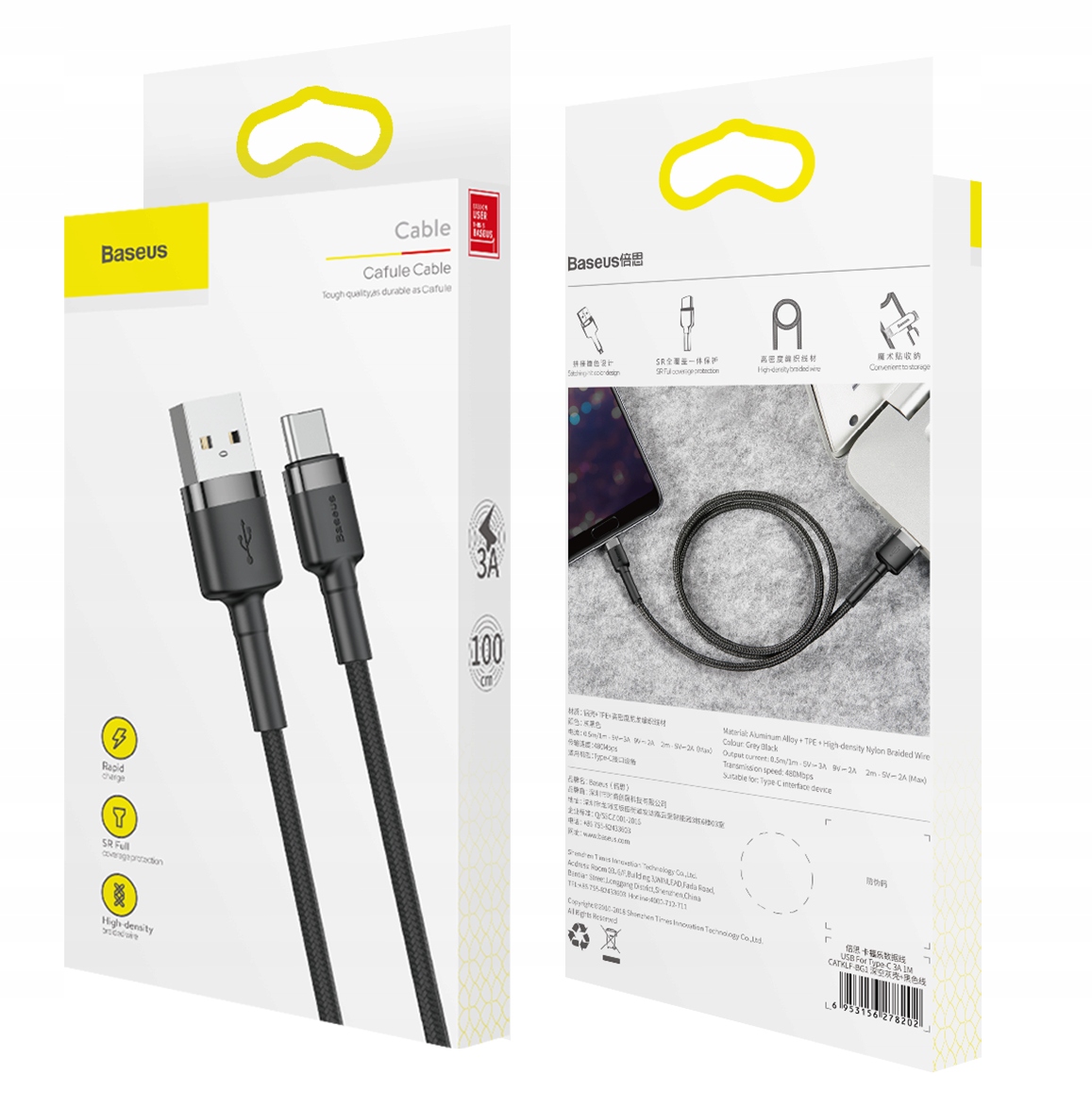 BASEUS MOCNY KABEL USB USB-C TYP-C PRZEWÓD OPLOT QUICK CHARGE 3.0 3A 100cm Kolor czarny