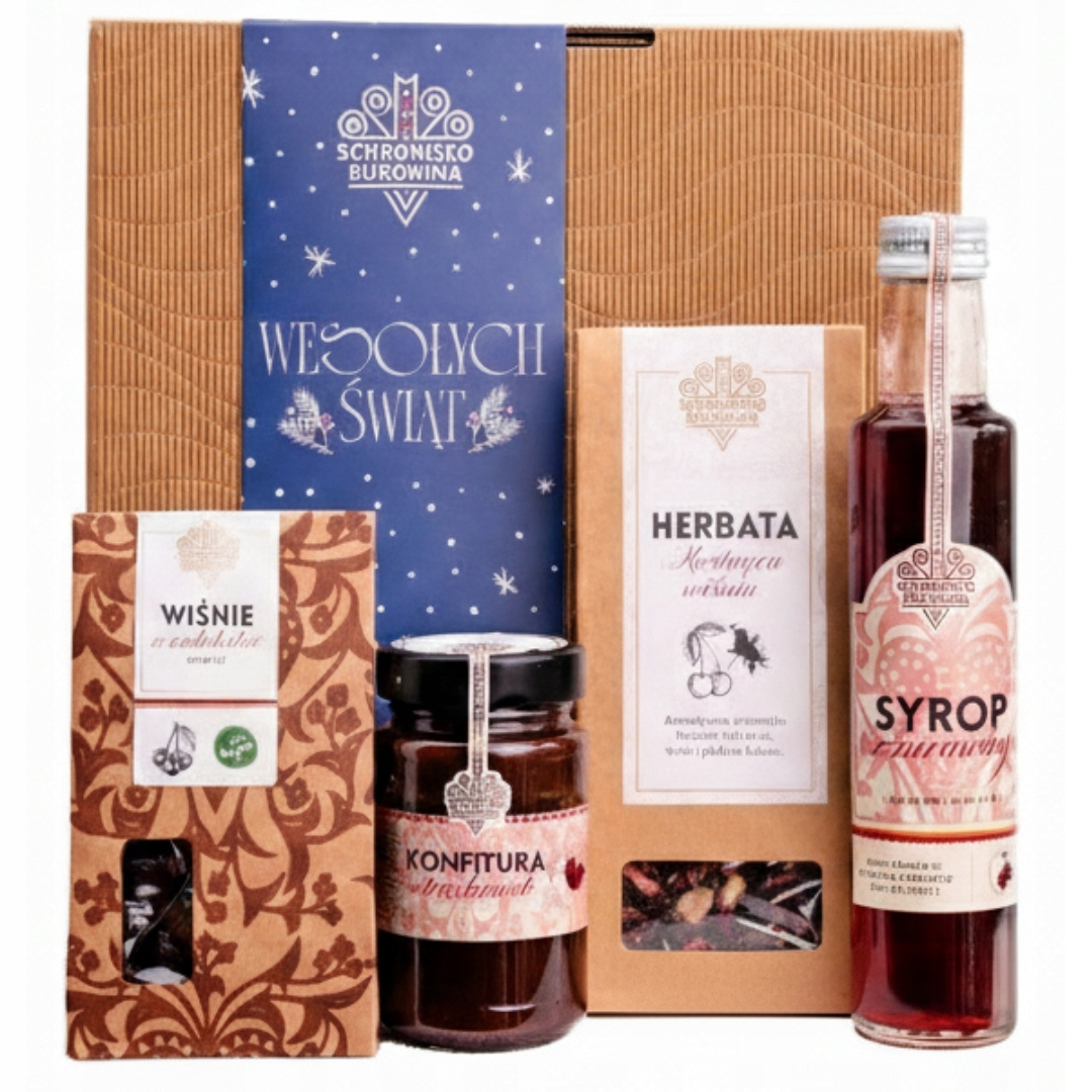 Vánoční dárek krabička Schronisko Bukowina třešně sirup čaj zavařenina
