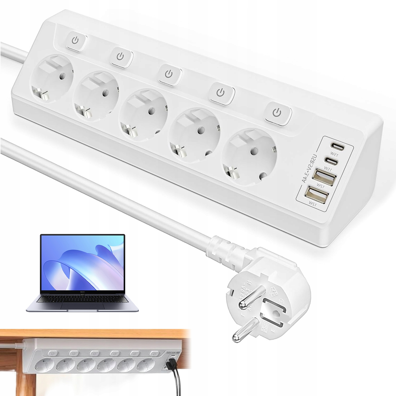 Zásuvková Lišta Prodlužovací Kabel S Vypínačem 5 Zásuvek 4 Usb Nabíječka