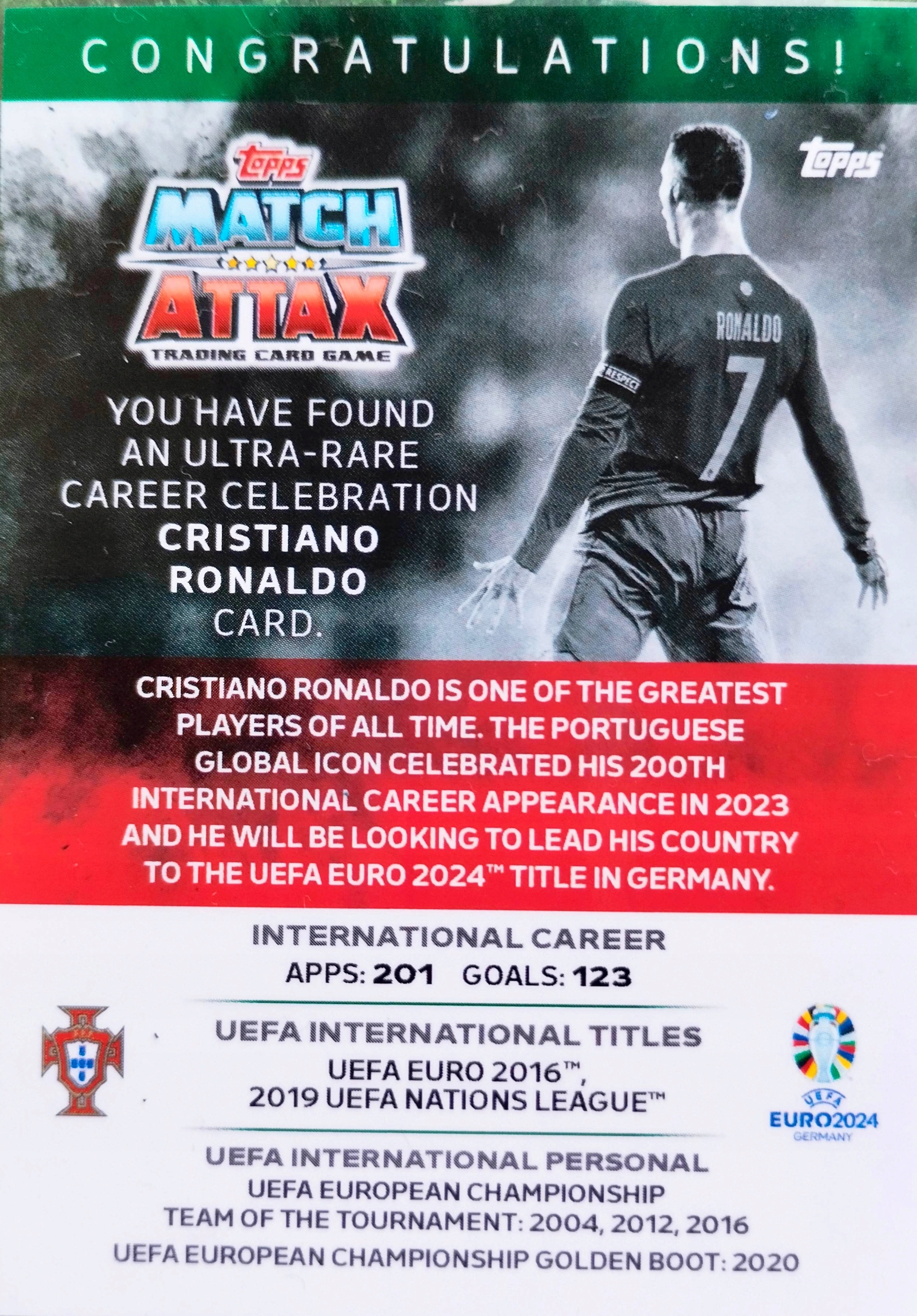 EURO 2024 TOPPS MATCH ATTAX ULTIMATE CELEBRATION Siuuu CRISTIANO RONALDO Liczba sztuk 1 szt.