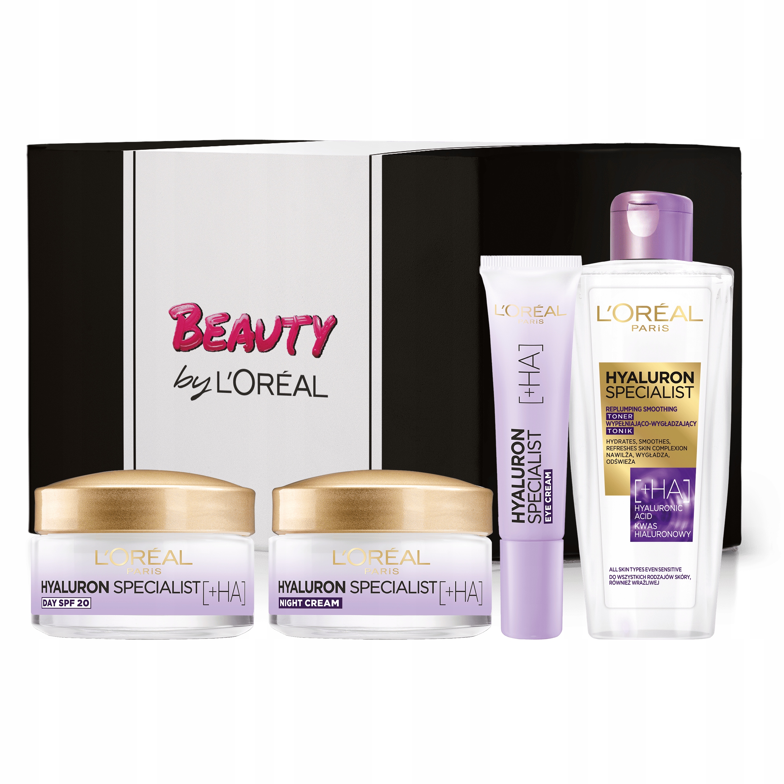 Zestaw L'Oréal Hyaluron Krem pod Oczy Tonik do Twarzy Krem na Dzień i Noc