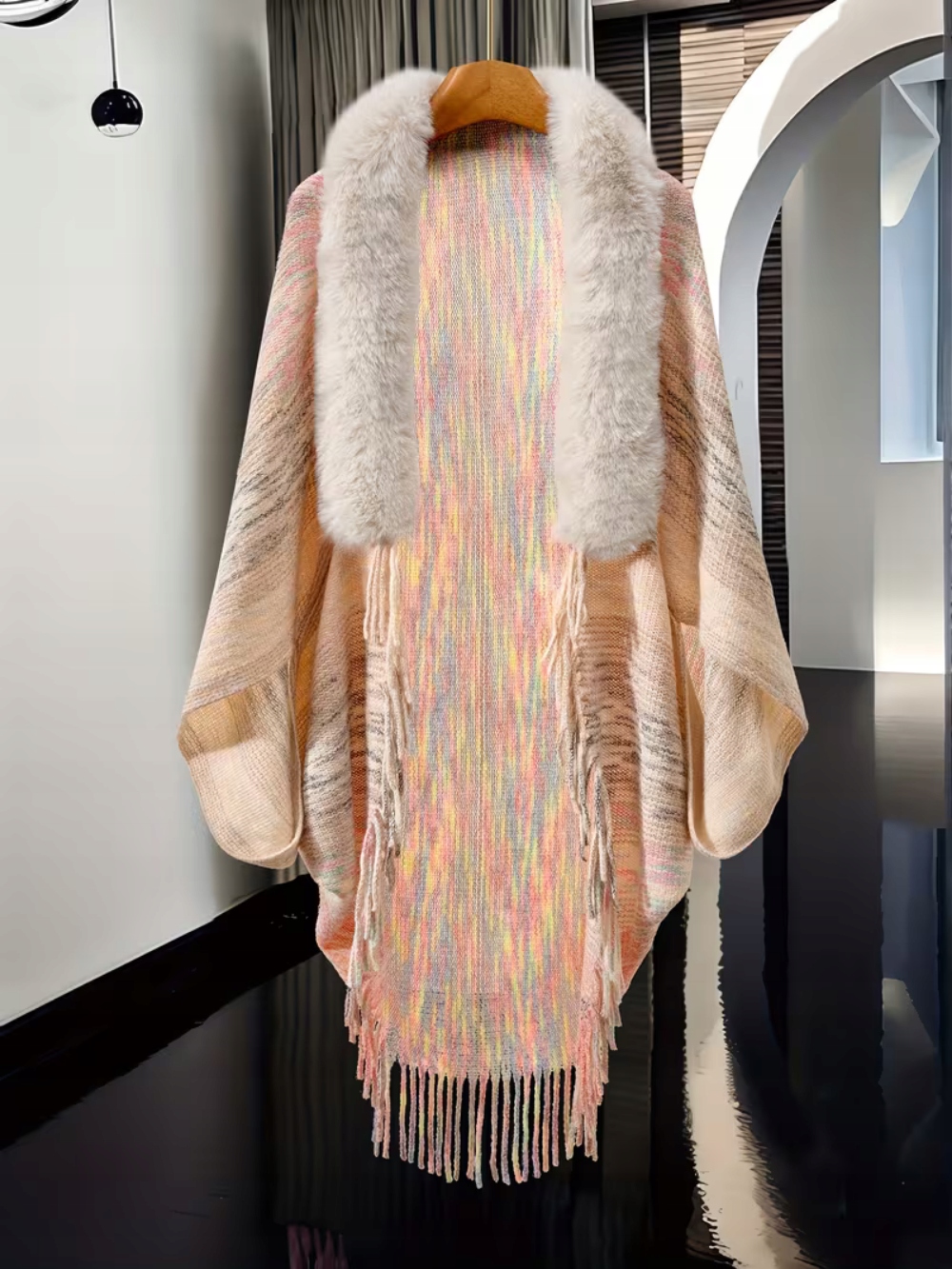 Poncho Pončo Kožešina medvídek pocahontas Přehoz tkaný Boho růžový pastel Glam