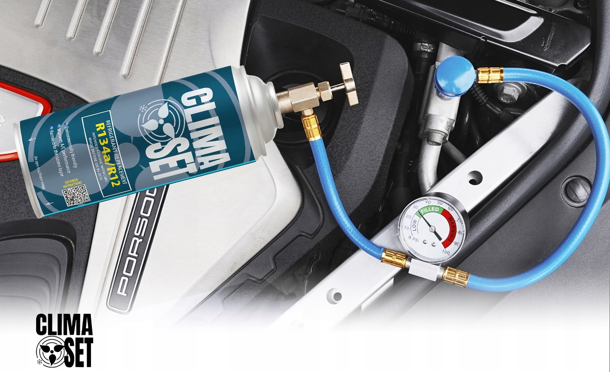 CZYNNIK CLIMASET 3W1 + 4X GAZ R134A DO KLIMATYZACJI Z PRZEWODEM I ADAPTEREM Stan opakowania oryginalne