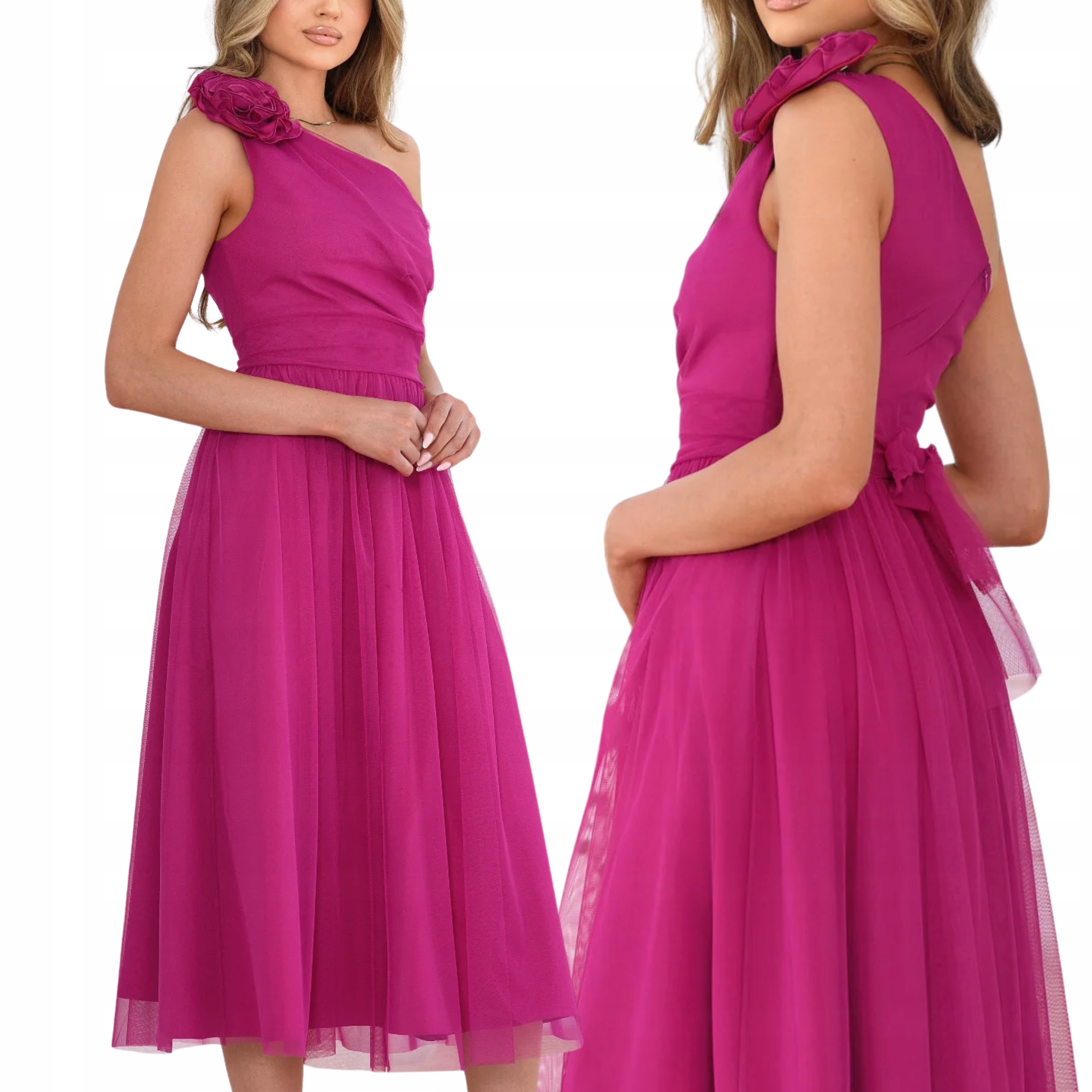 Sukienka MIDI Tiulowa Z Kwiatem Na Komunię Wesele Fuksja 38