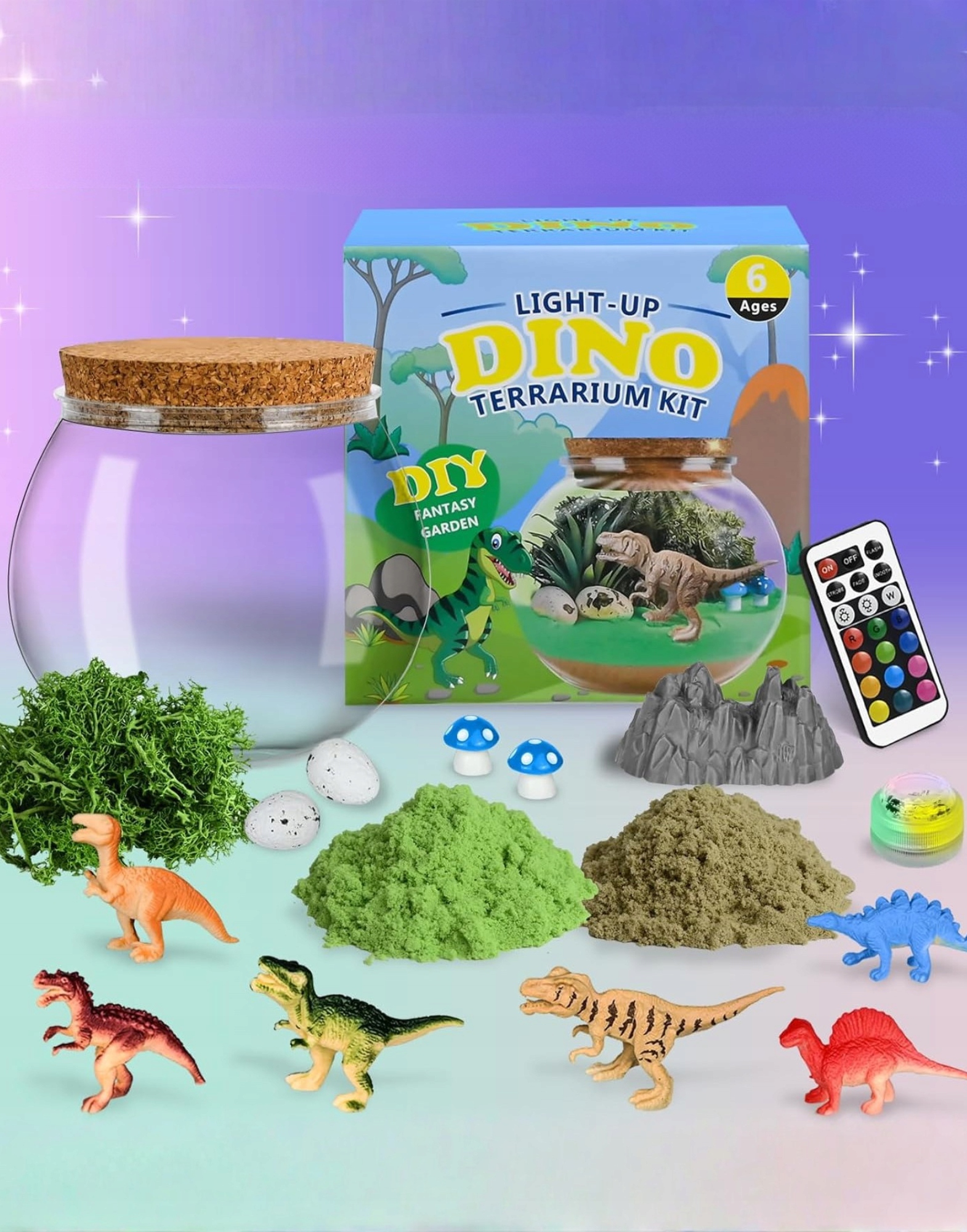 Terrarium DIY z dinozaurami i lampką LED RegMag 13 kolorów – Wiele możliwości aranżacji