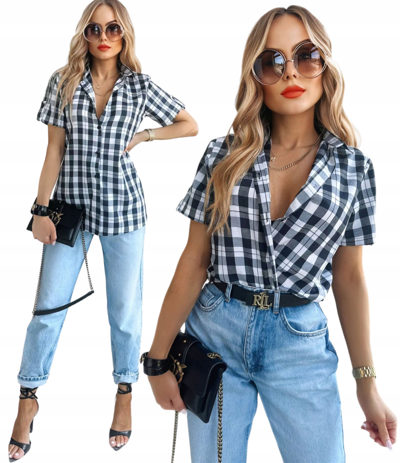Stylowa KOSZULA DAMSKA w kratę krótki rękaw na lato