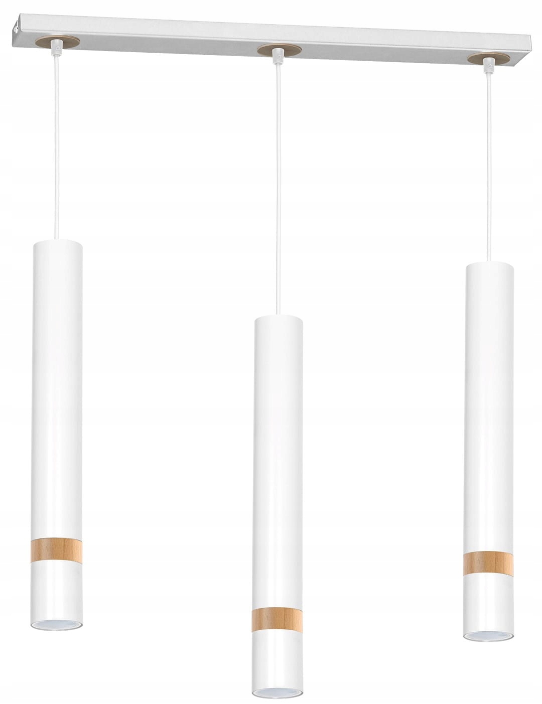 Trojitá závesná lampa Joker biele drevo okrúhle tuby do jedálne nad stôl