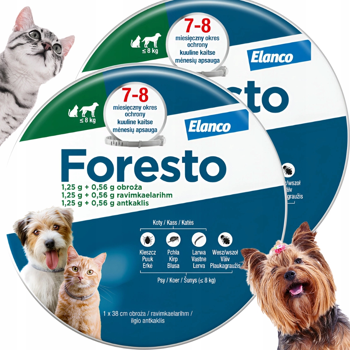 2 x Obroża Foresto dla Kot i Psa do 8 Kg na Pchły Kleszcze Pasożyty 38 cm
