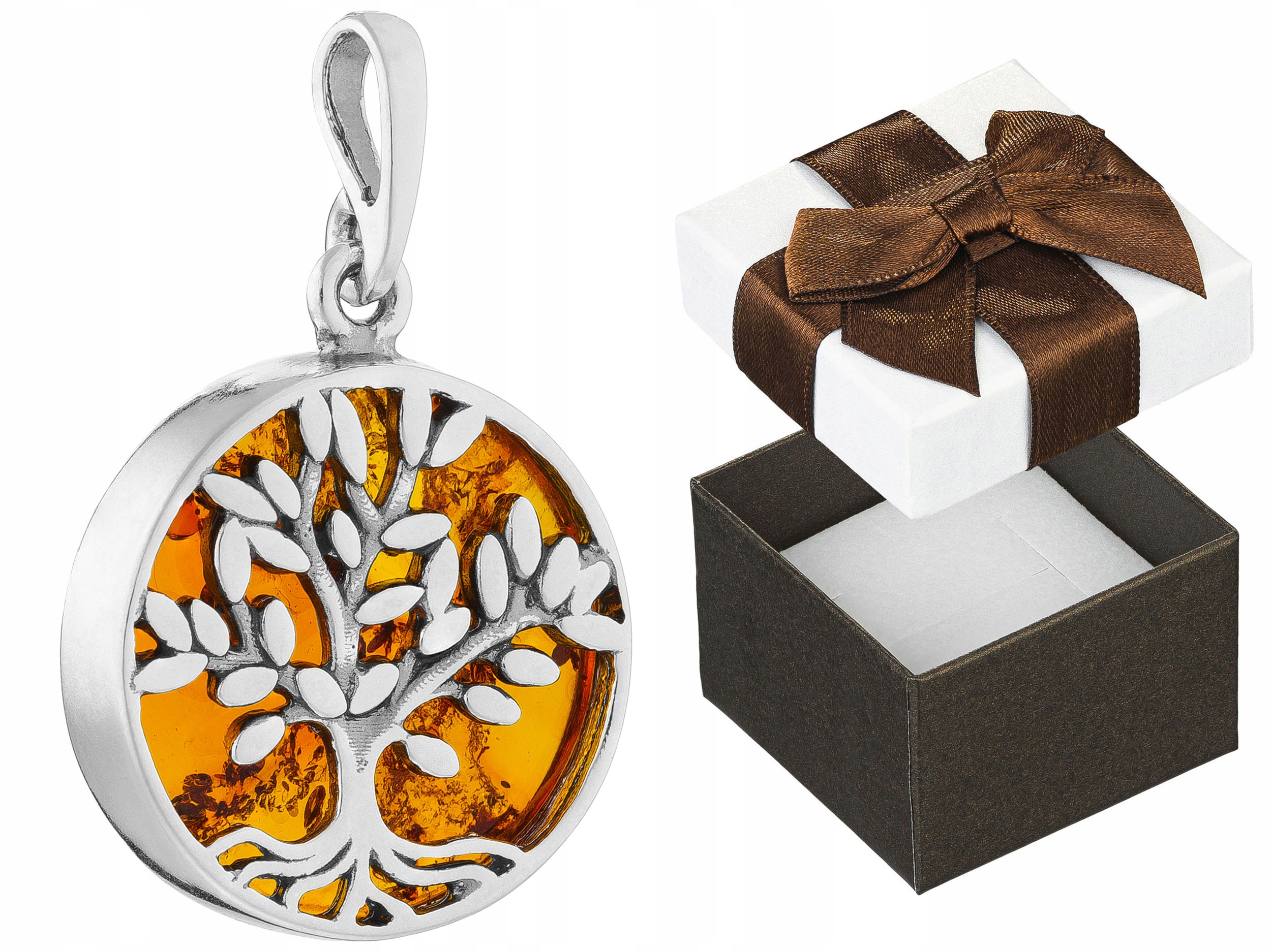 Stříbrný oxidovaný přívěsek Strom života s jantarem amuletem pro štěstí