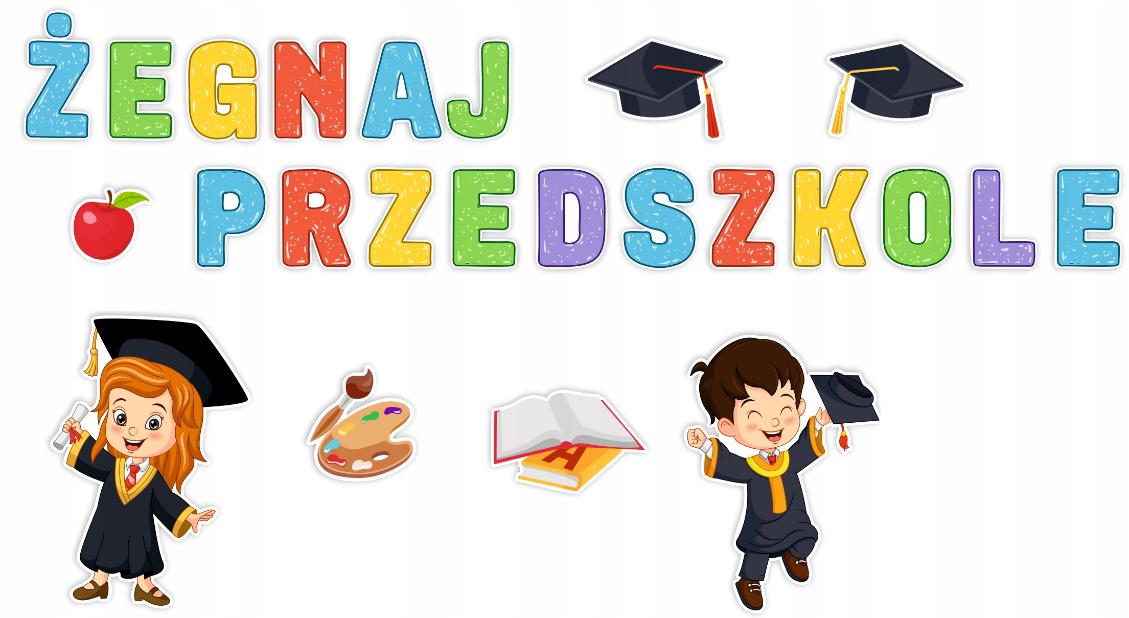 DEKORACJA SZKOLNA KOLOROWA ŻEGNAJ PRZEDSZKOLE DZIECI BIRETY KSIĄŻKI FARBKI