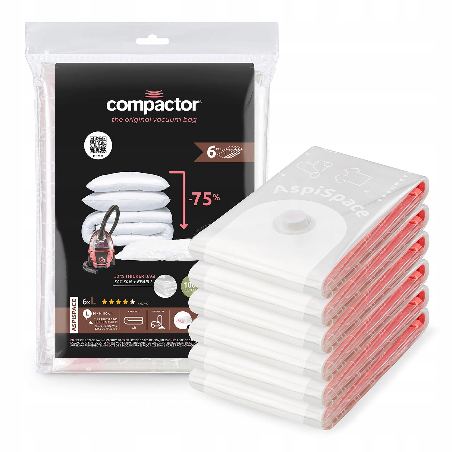 Sada 6 ks vakuových úložných pytlů Compactor Bag Aspispace L 120 litrů, 80