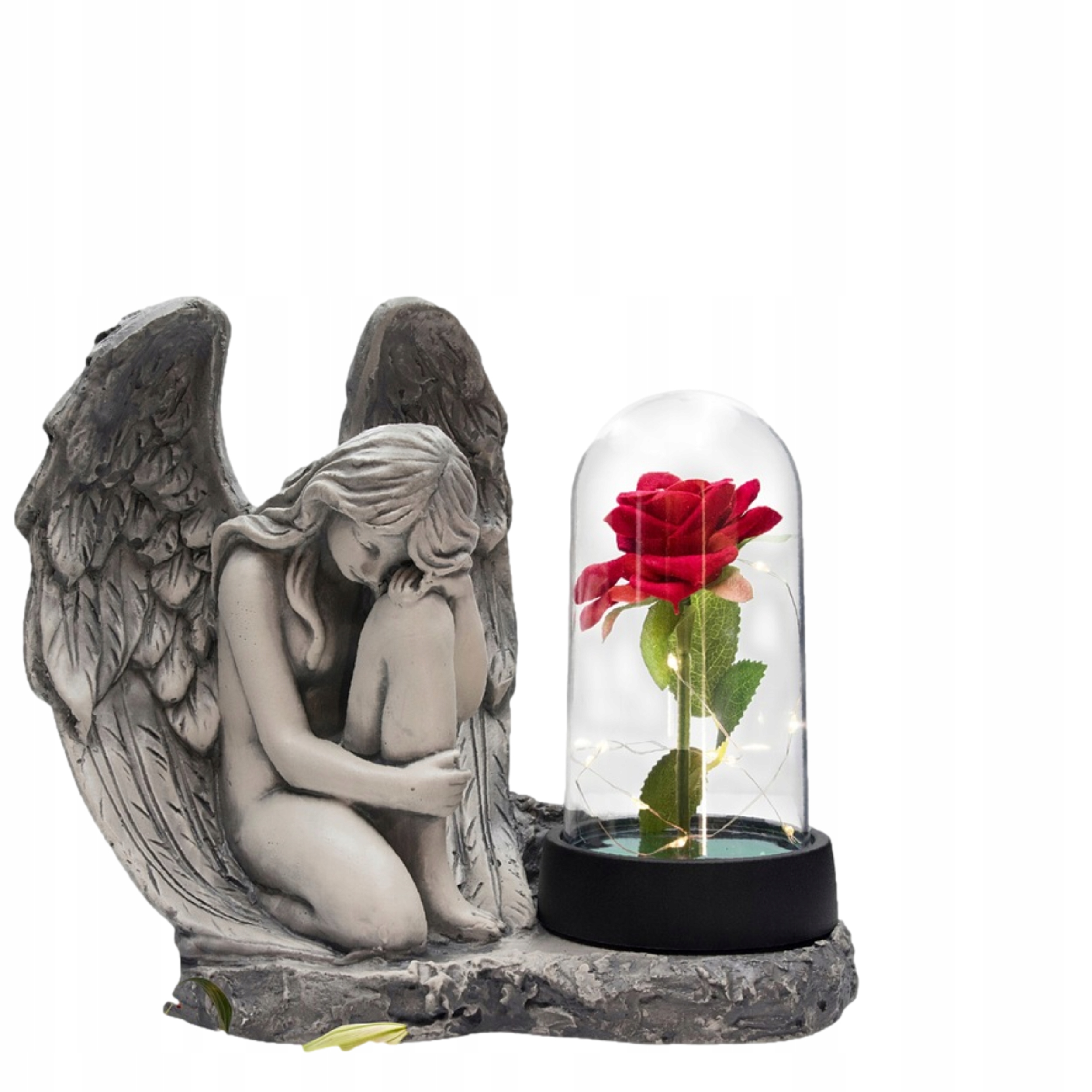 Hřbitovní Svíčka Sádrová Figurka Šedá Anděl Stabilizovaná Růže Led lampička Křídla